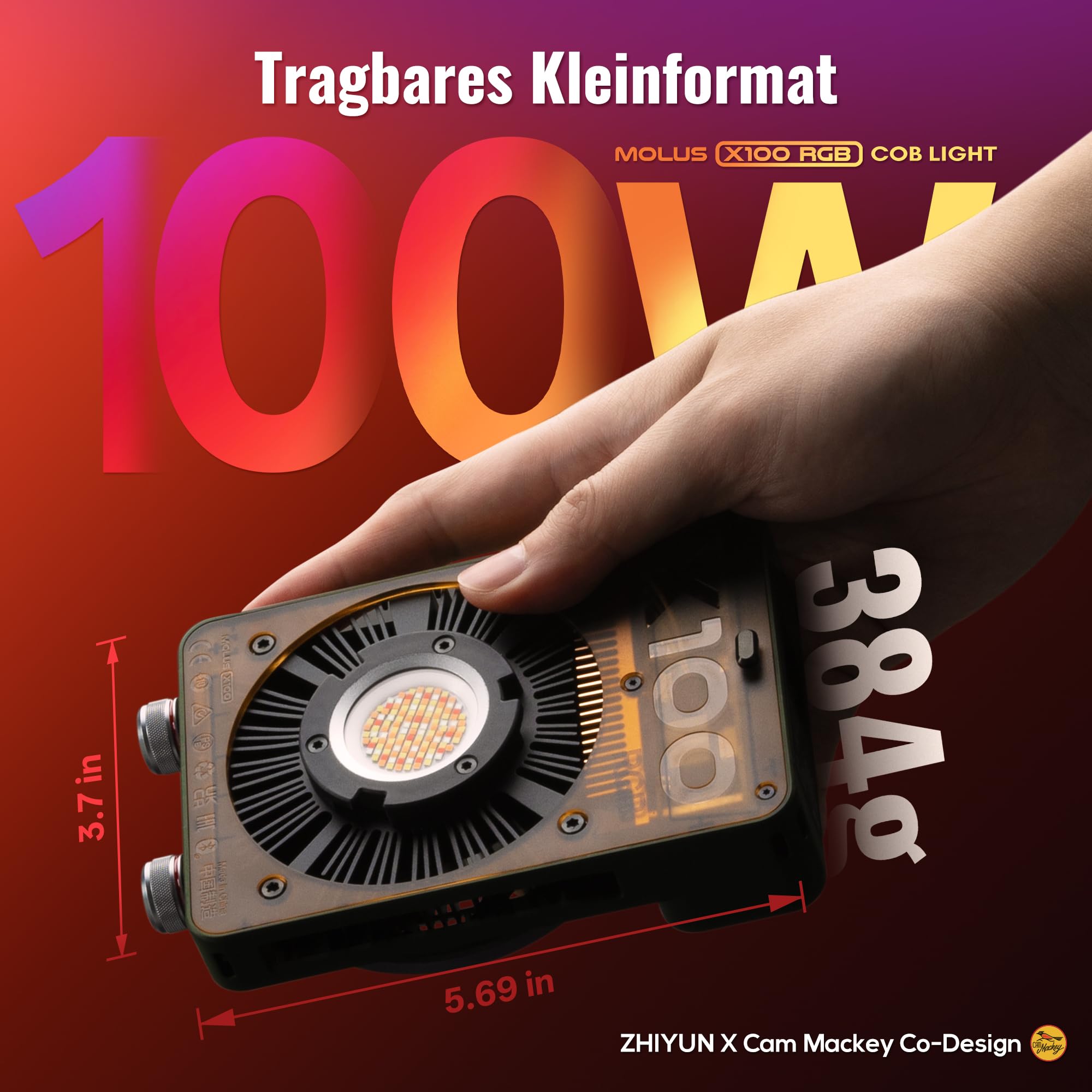 ZHIYUN MOLUS X100 RGB PRO V2 Verbesserte Version RGB Videolicht 100w [Official],RGBWW LED Videoleuchte Studiolicht mit2600mAh Akku,384g/APP Steuerung，2500K~10000K CRI≥95 TLCI≥97