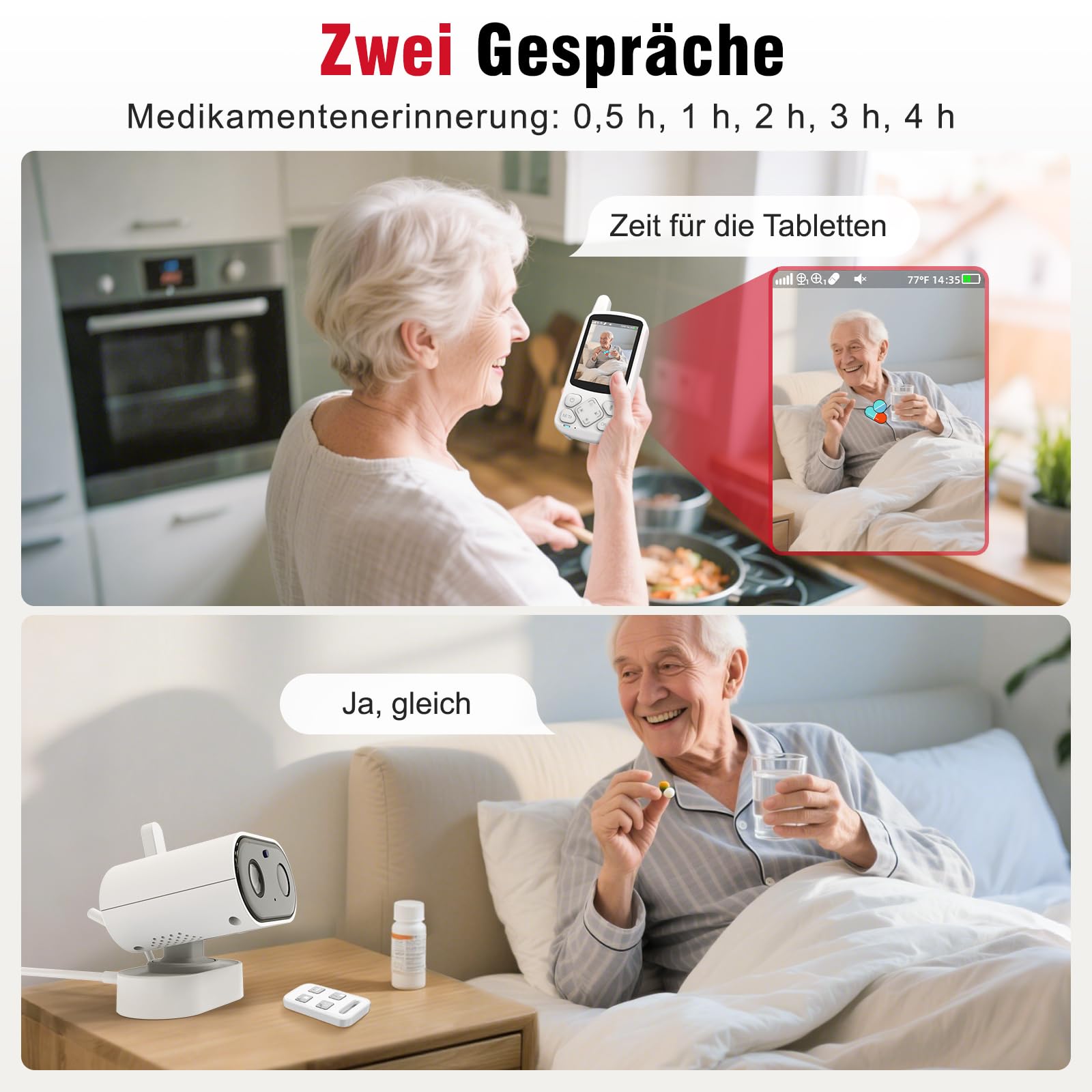 CallToU Schwenkbare Babyphone für Senioren mit Zwei-Wege-Audio | Ohne WLAN; Temperaturüberwachung; Medikamentenerinnerung; 720p, Infrarot Nachtsicht, SOS Notrufknopf