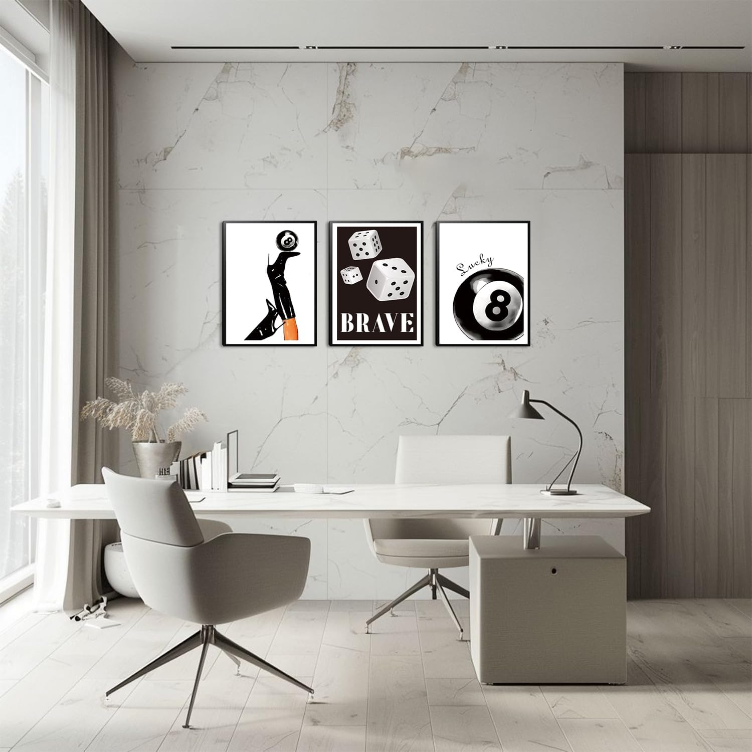 Framed Black And White Dice Wall Art Set of 3, Funky Retro Y2K Trendy Preppy, Lucky 8 Ball Coquette Boots Poster Canvas Prints for Game Room Bedroom Dorm Home Decor 16x12 Inch