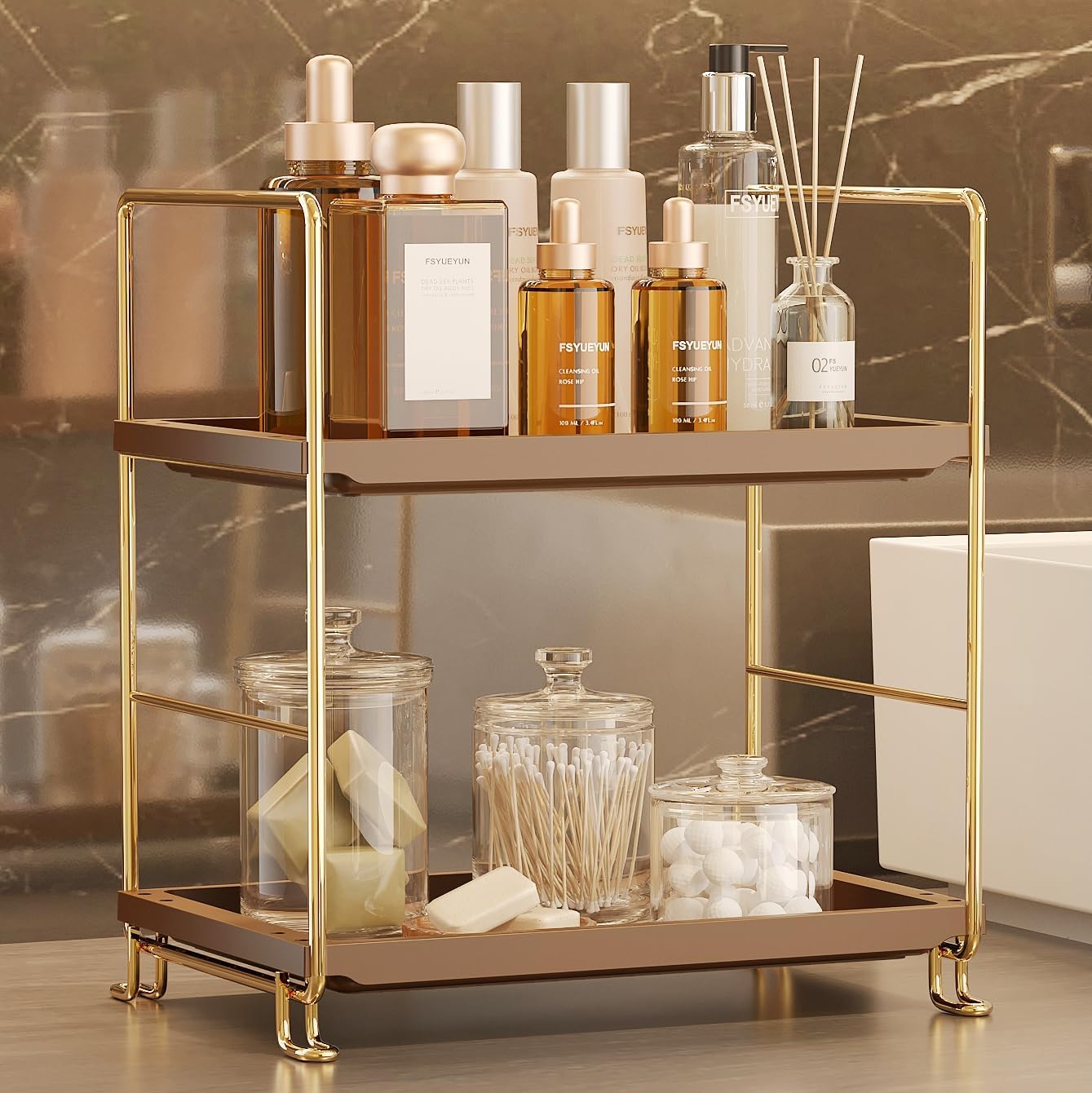 FSyueyun 2-Tier Bathroom Countertop Organizer,Bathroom Organizers and Storage with Tool-Less Installation, Premium Plastics for Makeup, Perfume, Skincare on Dresser Vanity Tray (Gold & Brown)