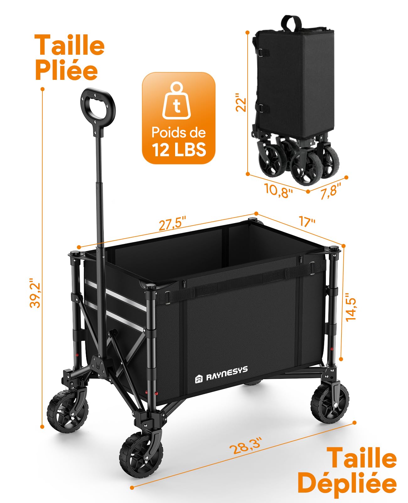 Chariot Pliable 3 en 1 Convertible en Banc, 120L pour l'Épicerie, Chariot Pliable 220lbs avec Roues, Utilitaire pour Plage, Sport, Camping, Jardin, Brouettes, Noir foncé