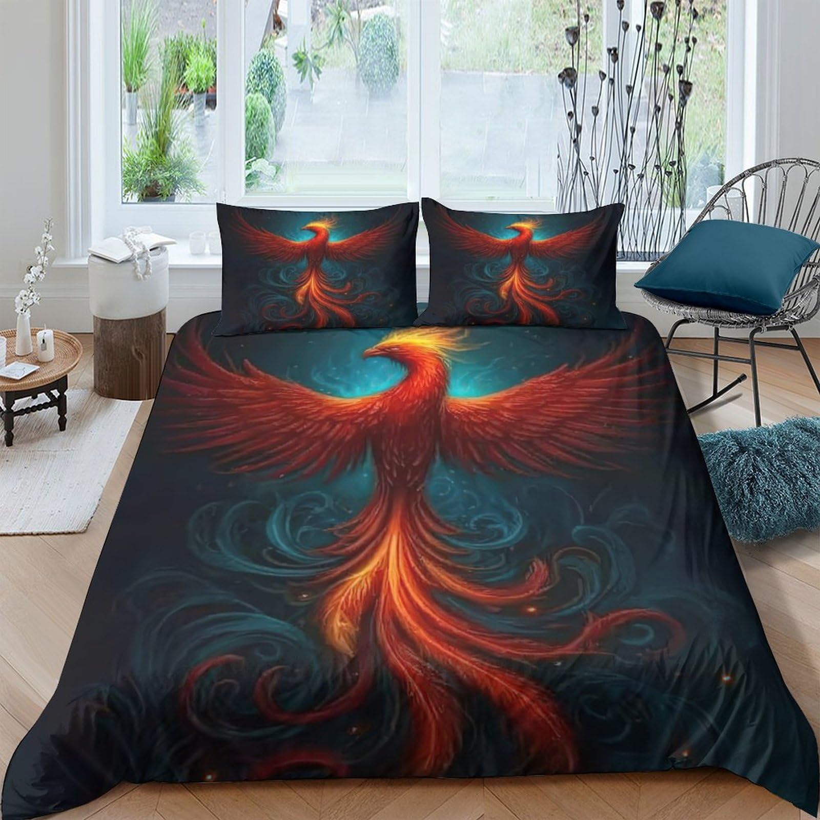 TUFRTGYHN 3D Printed Phoenix Fire Duvet Cover Microfiber Soft Breathable Mythical Bird Bedding Set with 2 Pillowcases for Bedroom Decor Single（135x200cm）