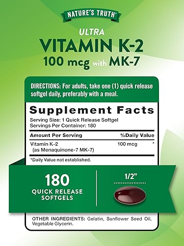 Miniatura 2 de Nature's Truth Vitamina K2 MK7  100 mcg  180 cápsulas de cápsulas blandas  Suplemento sin OMG y sin gluten
