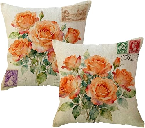 Miniatura 10 de ULOVE LOVE YOURSELF Paquete de 2 fundas de almohada retro con diseño de flores y peonías decorativas para el hogar, fundas de cojín cuadradas Flores