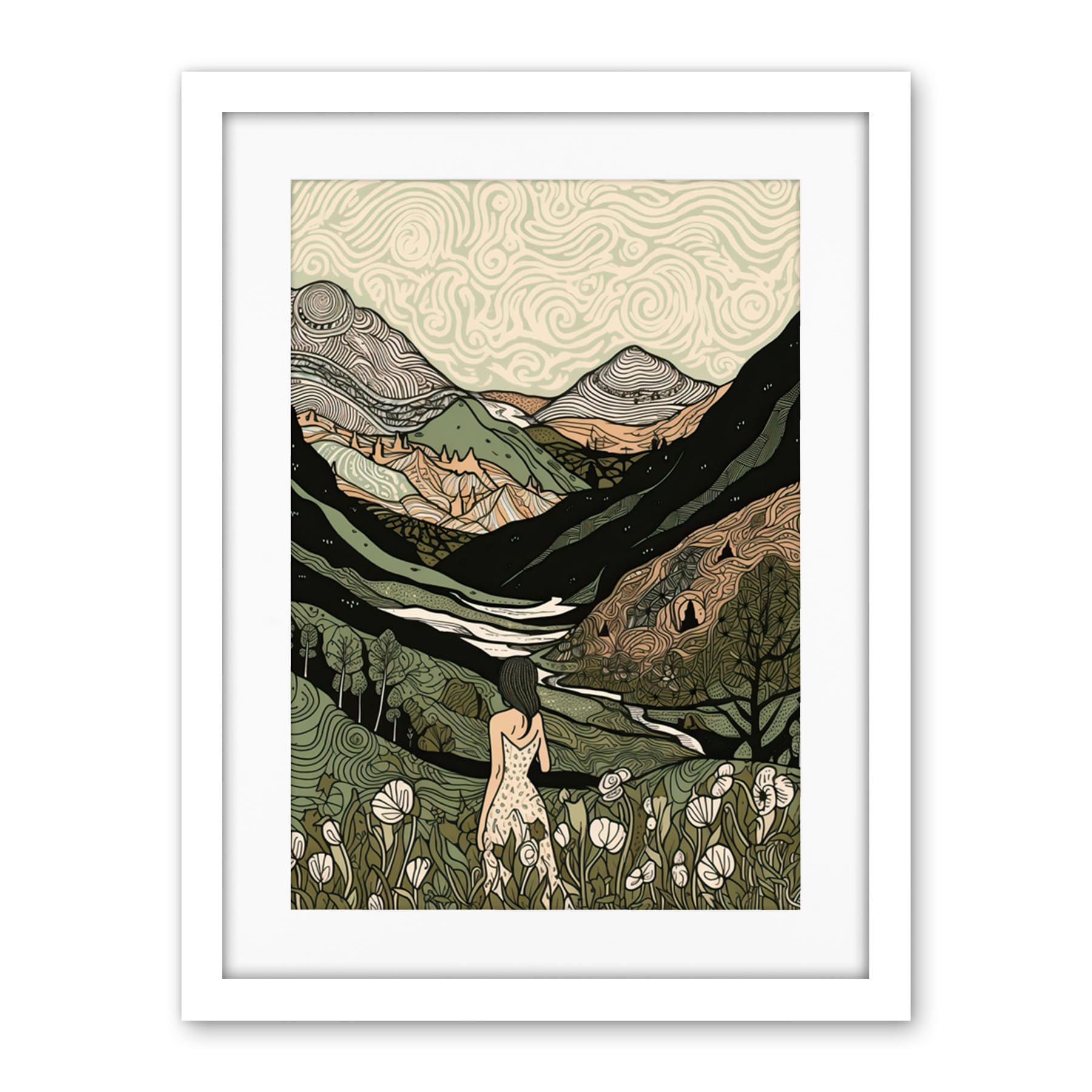 Artery8 Woman in Flower Field in Scottish Hill Landscape Artwork Framed Wall Art Print 18X24 Inch