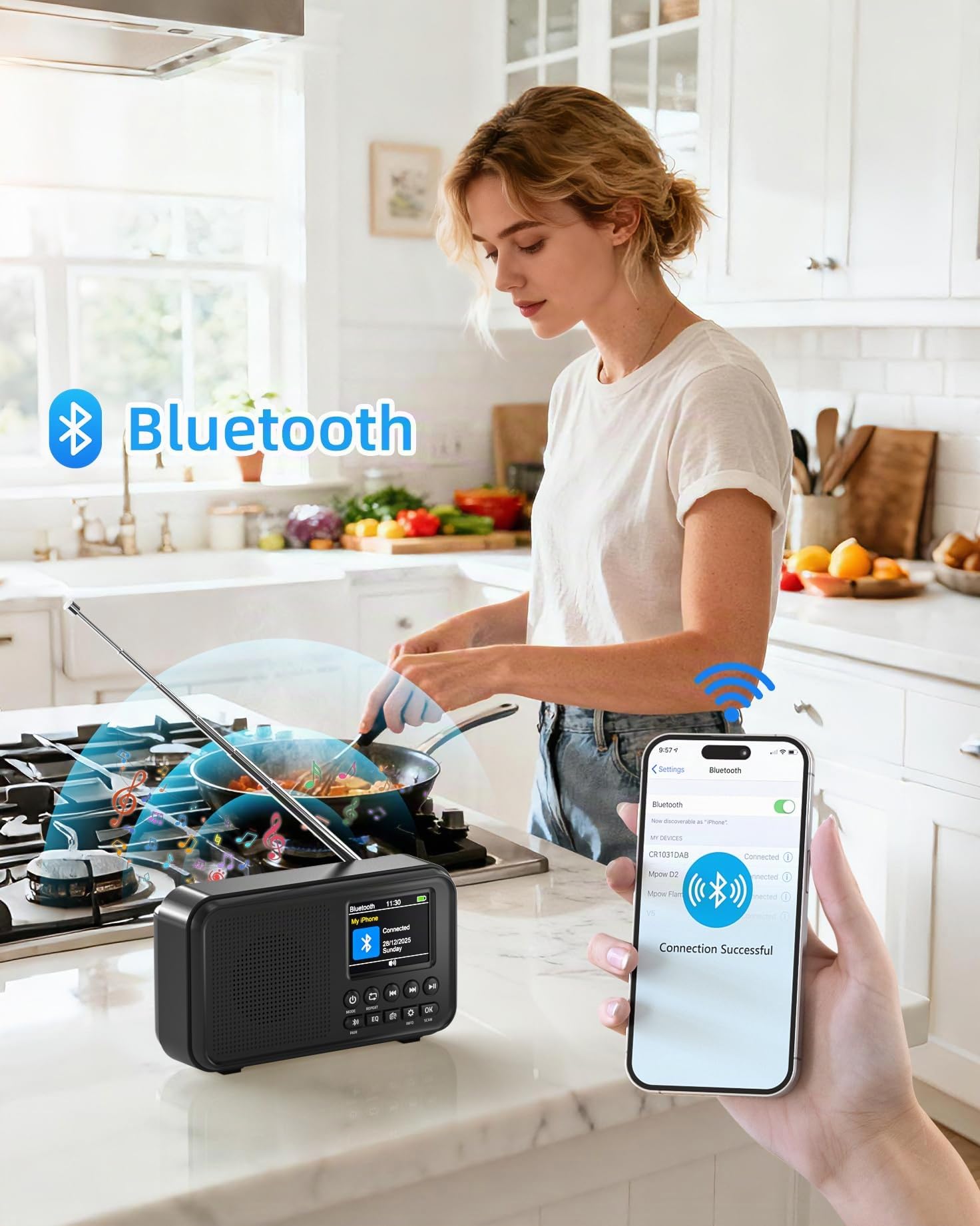 Mesqool Radio Numérique DAB/FM avec Bluetooth,Batterie Rechargeable de 3000mAh,Prise en Charge des Cartes TF de 64Go, Type-C, Prise Casque, 40 Stations FM et 40 DAB Préréglées, Modes EQ, Double Alarme