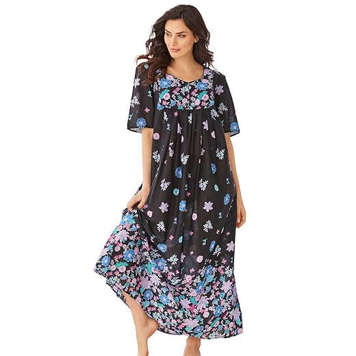 Only Necessities Women's Plus Size Bib Front Lounger | House Dress, Nightgown - 3X, Plum Burst Boho Border Purple