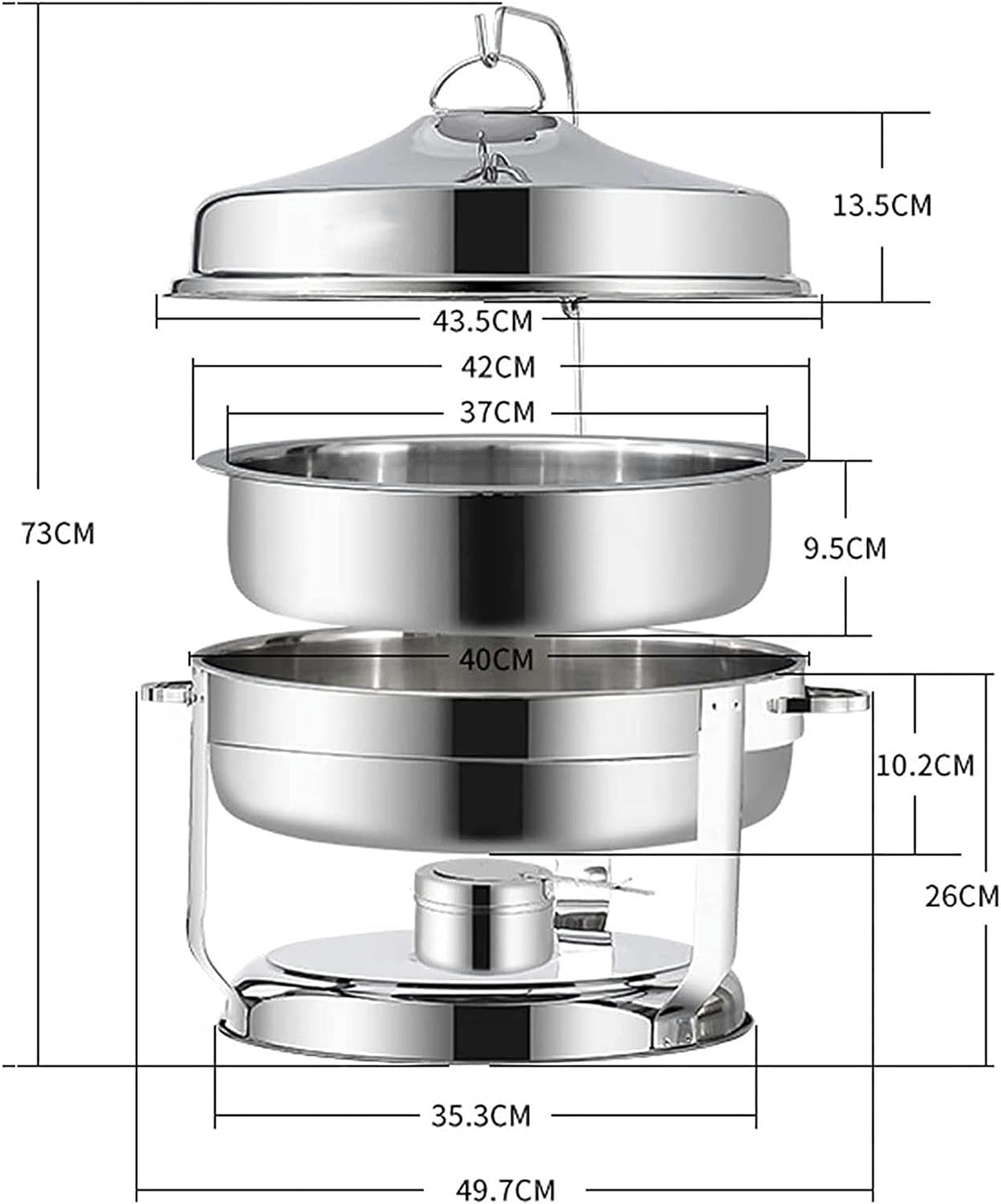 Chafing Dish Rotondo In Acciaio Inossidabile Da 9 Litri, Scaldavivande E Scaldavivande Di Dimensioni Standard Con Teglia Per Alimenti, Coperchio Per Contenitori Di Combustibile Per Catering Per Feste