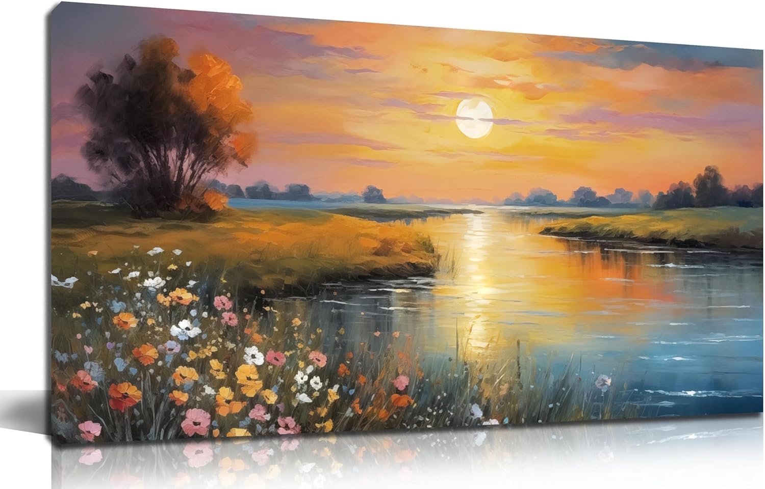 Lianyibo Frameless Orange Yellow Sunset Lake Landscape Canvas Wall Art With Vibrant Colorful Wildflowers & Distant Mountain Print Painting(55X110cm/Frameless)