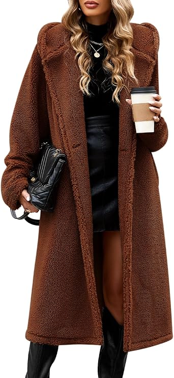 HEEKPEK Women Winter Fuzzy Fleece Lapel Coats Long Cardigan Fluffy Hooded Jackets Faux Fur Warm Overcoats with Pockets Button