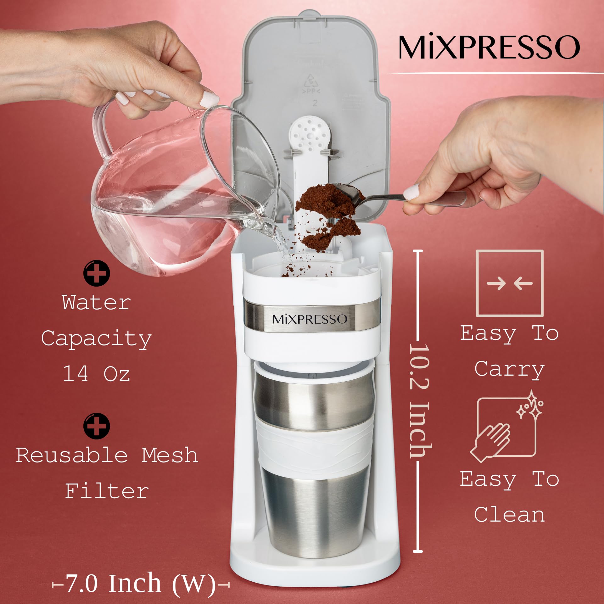 Mixpresso Cafetera personal blanca de una sola porción con taza de viaje de 14 onzas, cafetera pequeña de goteo con apagado automático, filtro reutilizable, funciona solo con café molido, no para