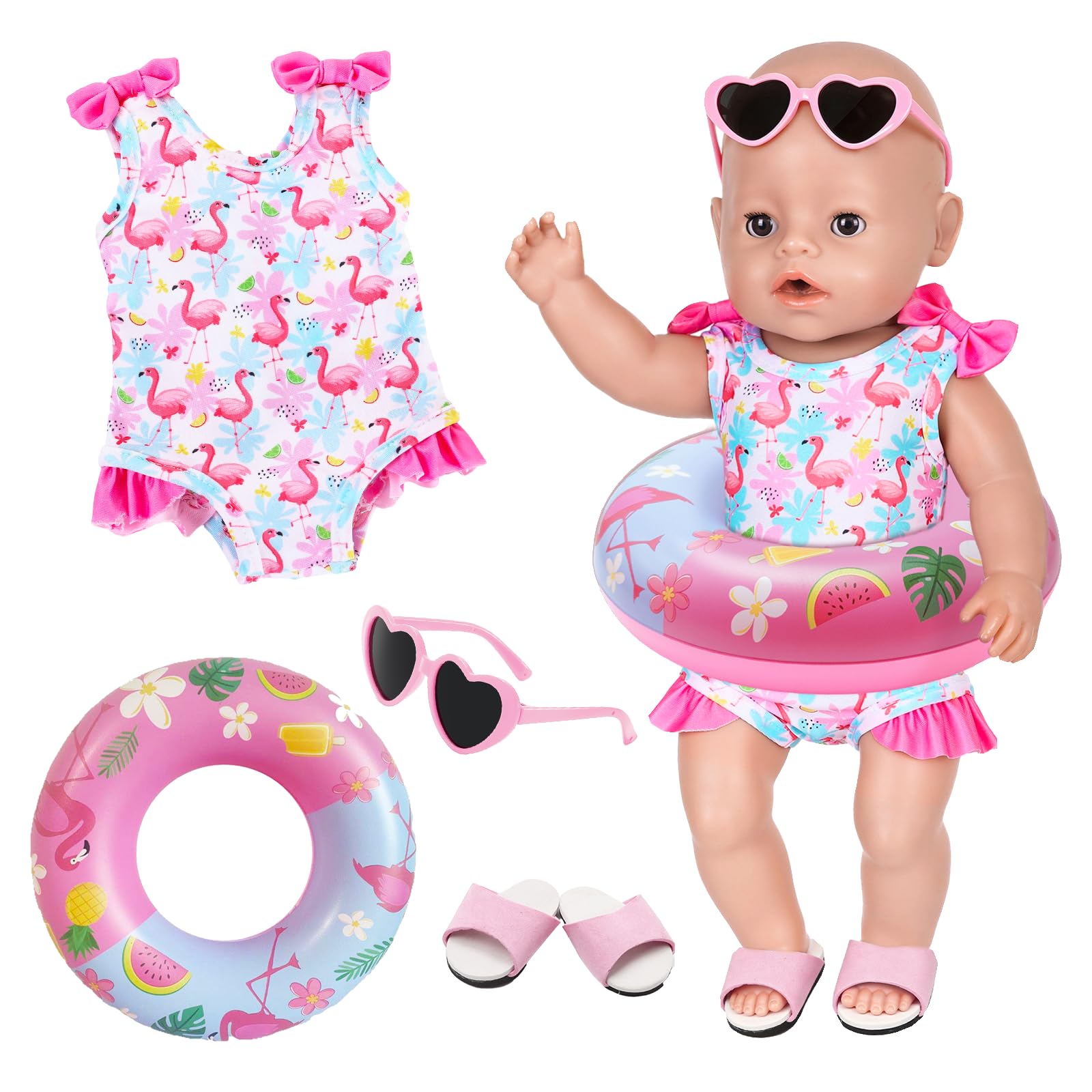 Baby Doll Clothes Swimsuits for 14-18 Inch Doll, 4 Pcs Flamingo Baby Doll Swimming with Swimwear Swimming Ring Sunglasses and Shoes, Sweet Doll Swimming Outfits for 35–43 cm Dolls Birthday Gift