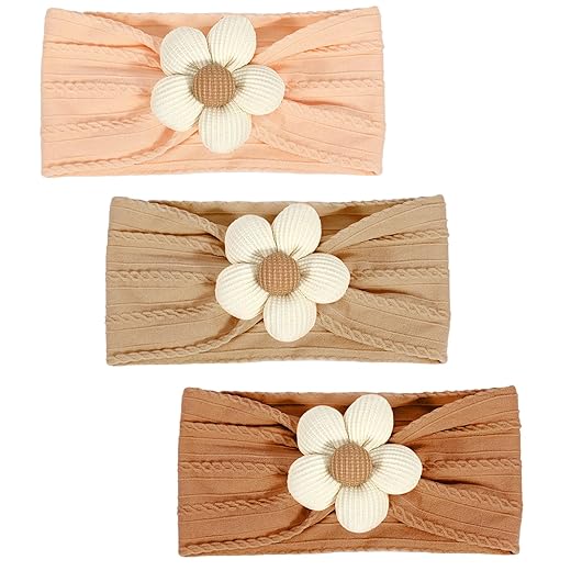 MIUXUESO 3 Pcs Baby Flower Headbands Baby Girls Nylon Headband Soft Hairbands Hair Accessories for Newborn Infant Toddler Kids (Beige Orange Brown)