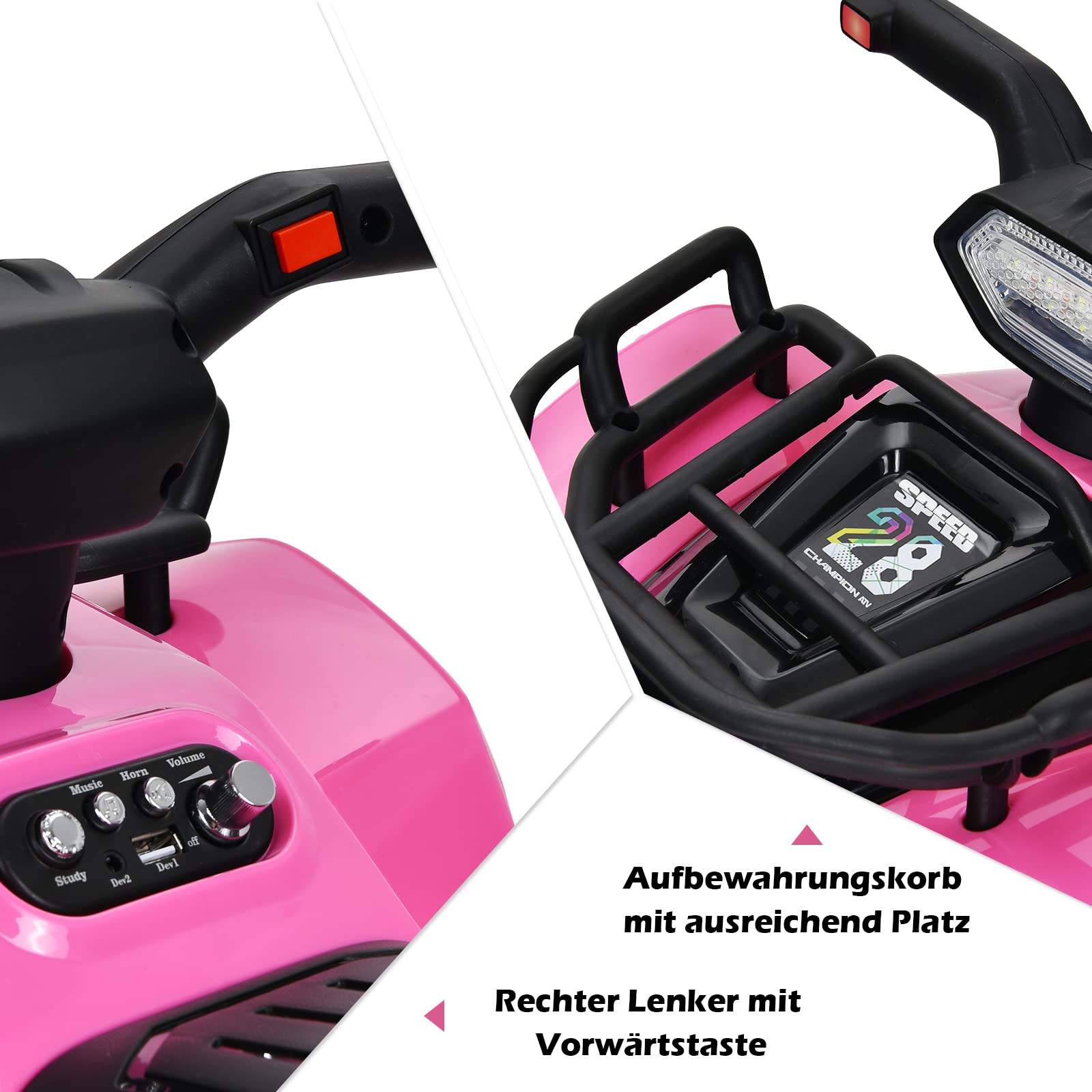 COSTWAY Elektryczny quad dziecięcy 6 V z miejscem do przechowywania, mini quad elektryczny z muzyką, klaksonem i reflektorem LED, quad dziecięcy 2 km/h, dla małych dzieci od 18 miesięcy (różowy)