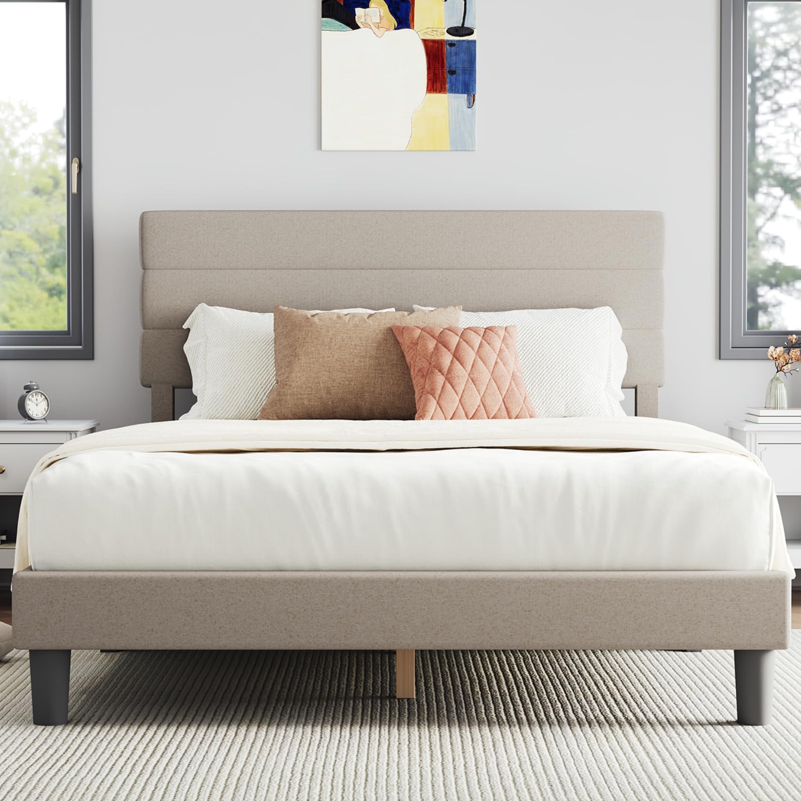 Photo 1 of ** sold as is no refund/return**
Novilla Full Size Bed Frame with Headboard, Full Bed Frame with Wooden Slats Support, Linen Upholstered Stripe Headboard, No Box Spring Needed, Heavy Duty Feet, Easy Assembly, Beige