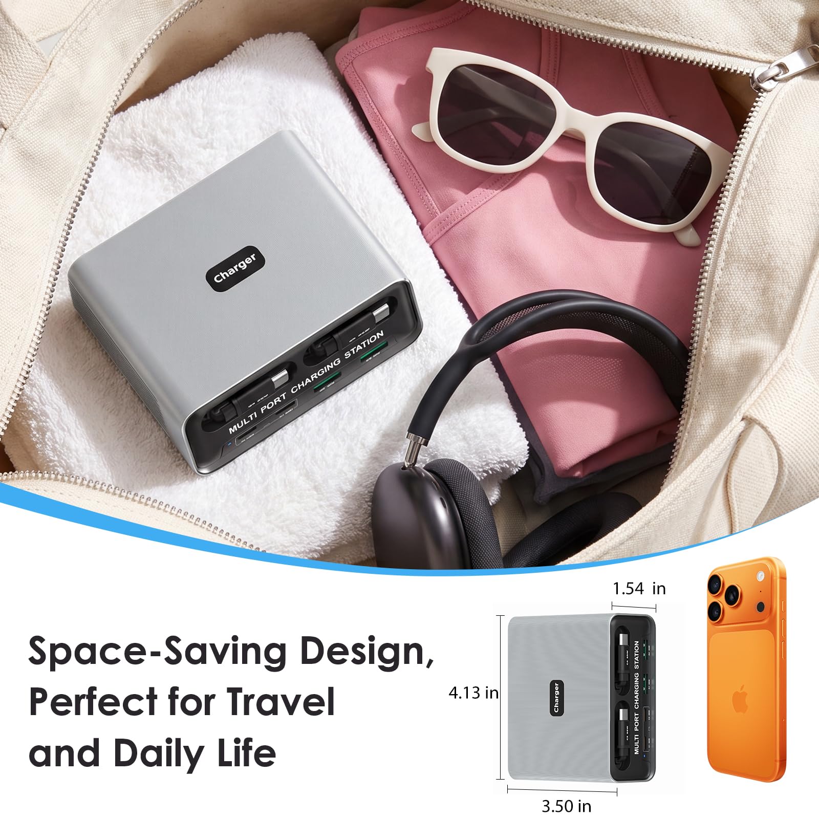 Stazione di ricarica GaN 6 in 1 per più dispositivi, caricabatterie rapido USB-C da 65 W con 2 cavi retrattili, piccola multi porta compatibile con MacBook/iPad/Phone 17/16/Samsung, design silenzioso