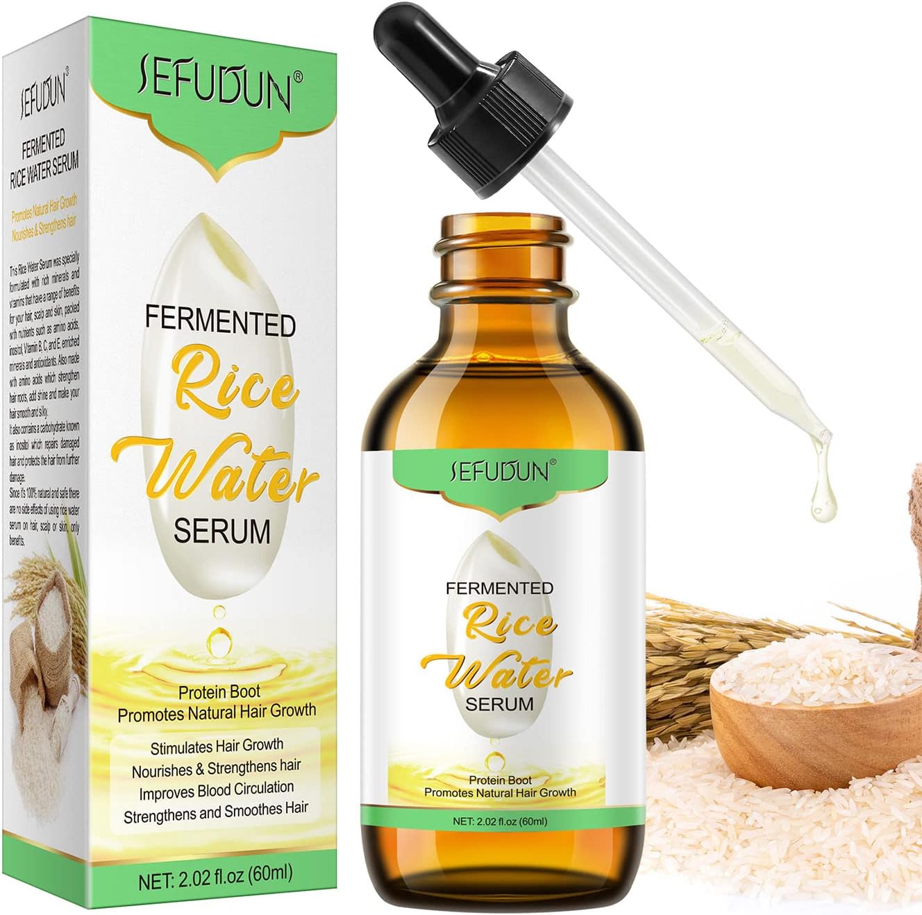 SayaFeiRice Water Hair Growth Oil 100% Natural - For Thick and Long Hair - Nourishes and Repairs Dry Hair with Vitamins and Minerals - Hair Moisturiser and Conditioner - 60 ml (1 Bottle)