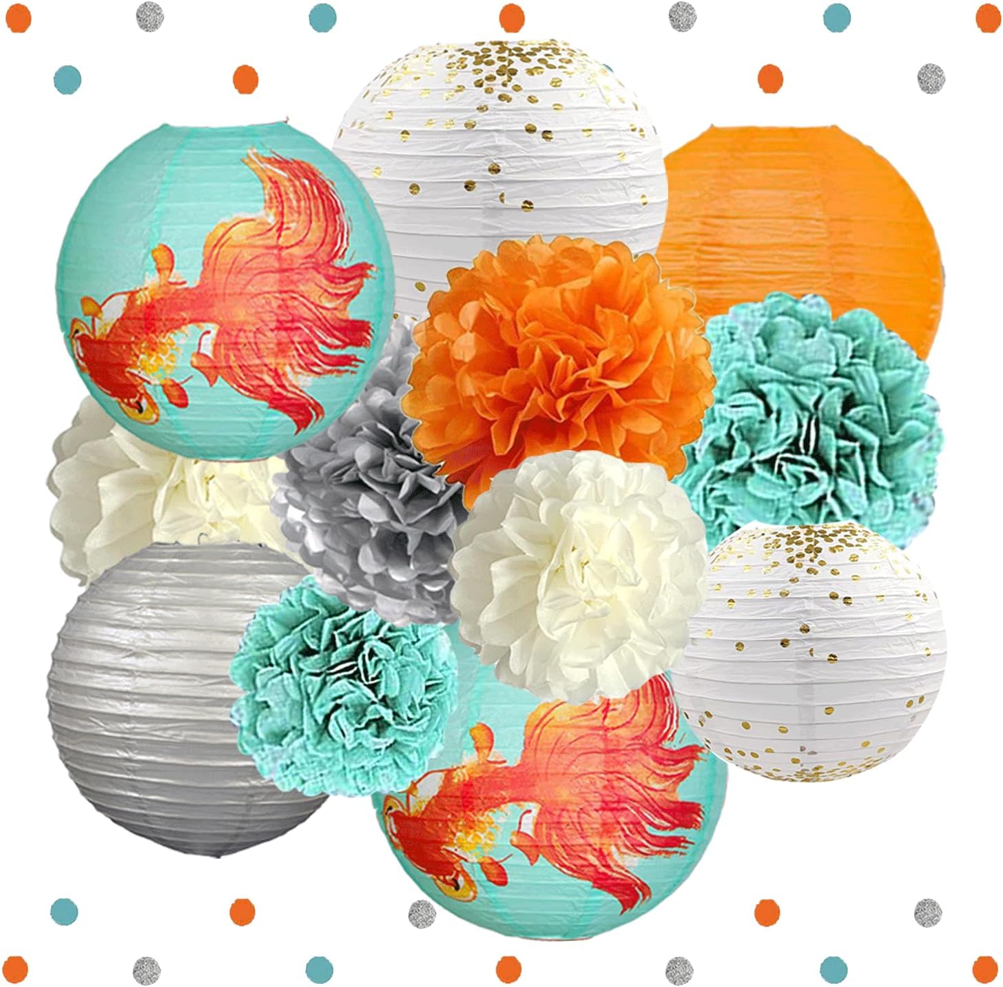 IGUO 14 PCS Teal Orange Cream Tissue Paper Pom Poms,Teal Orange Silver Japanese Design Lanterns Set for Weddings, Baby Showers, Birthdays, Housewarmings,School Celebrations,Gatherings Party Decor