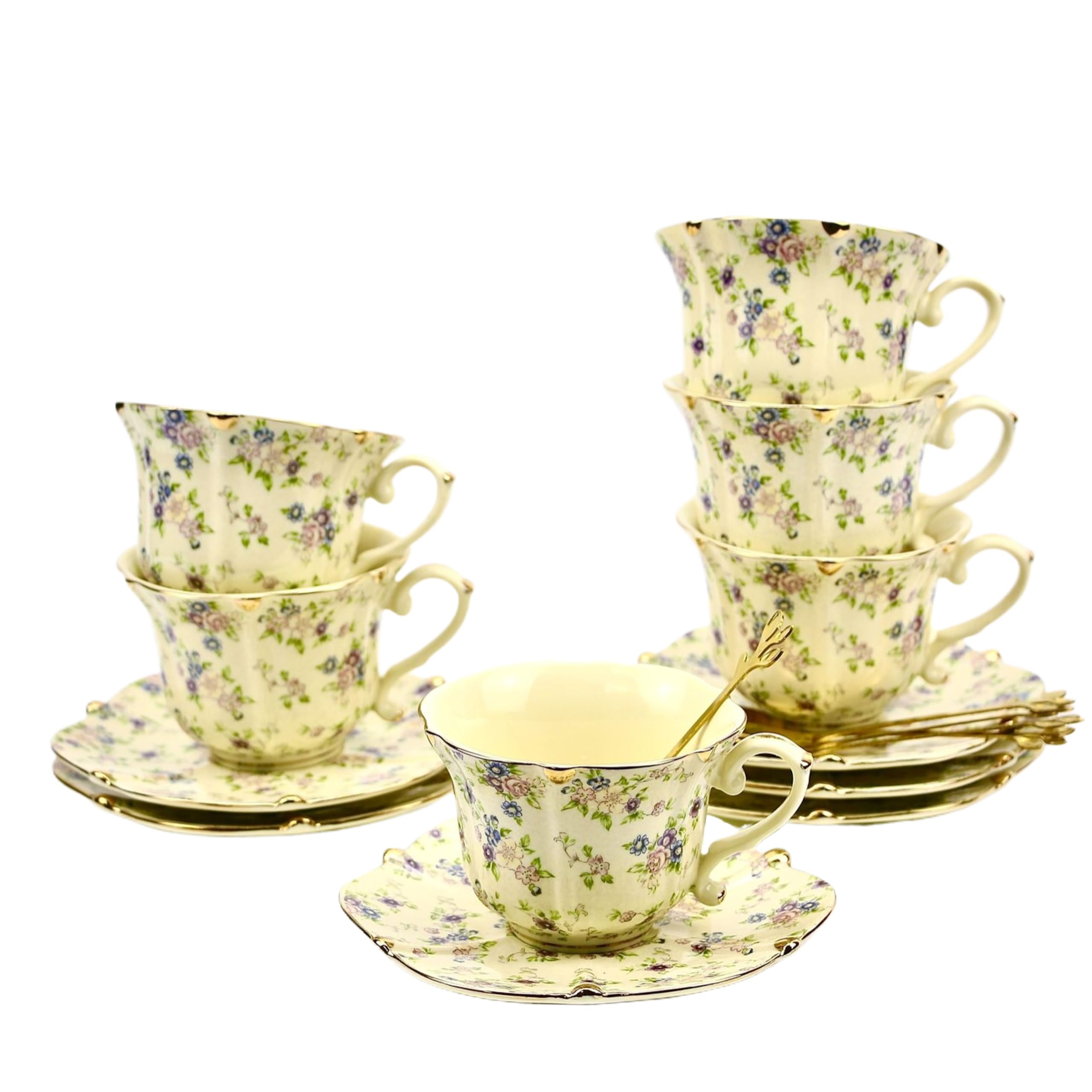 TATSUMI Country Roses 18 Peices Bone China Tea Cup And Saucer Set, English Vintage Tea Cups Of 6 For Women And Tea Party Sets