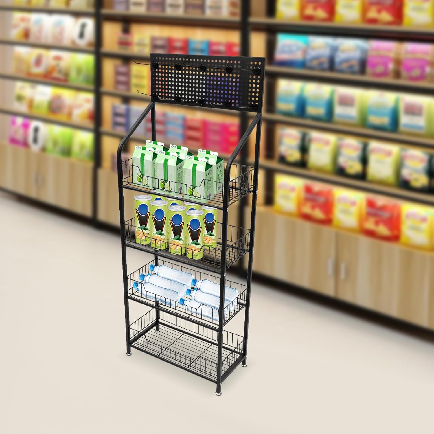 4 Tier Retail Display Rack Stand with 10 Hooks & Top Handles Snack Candy Display Organizer with Wheels 19.6 * 10.6 * 55in Metal Storage Shelf Basket Stand Cart (Black)