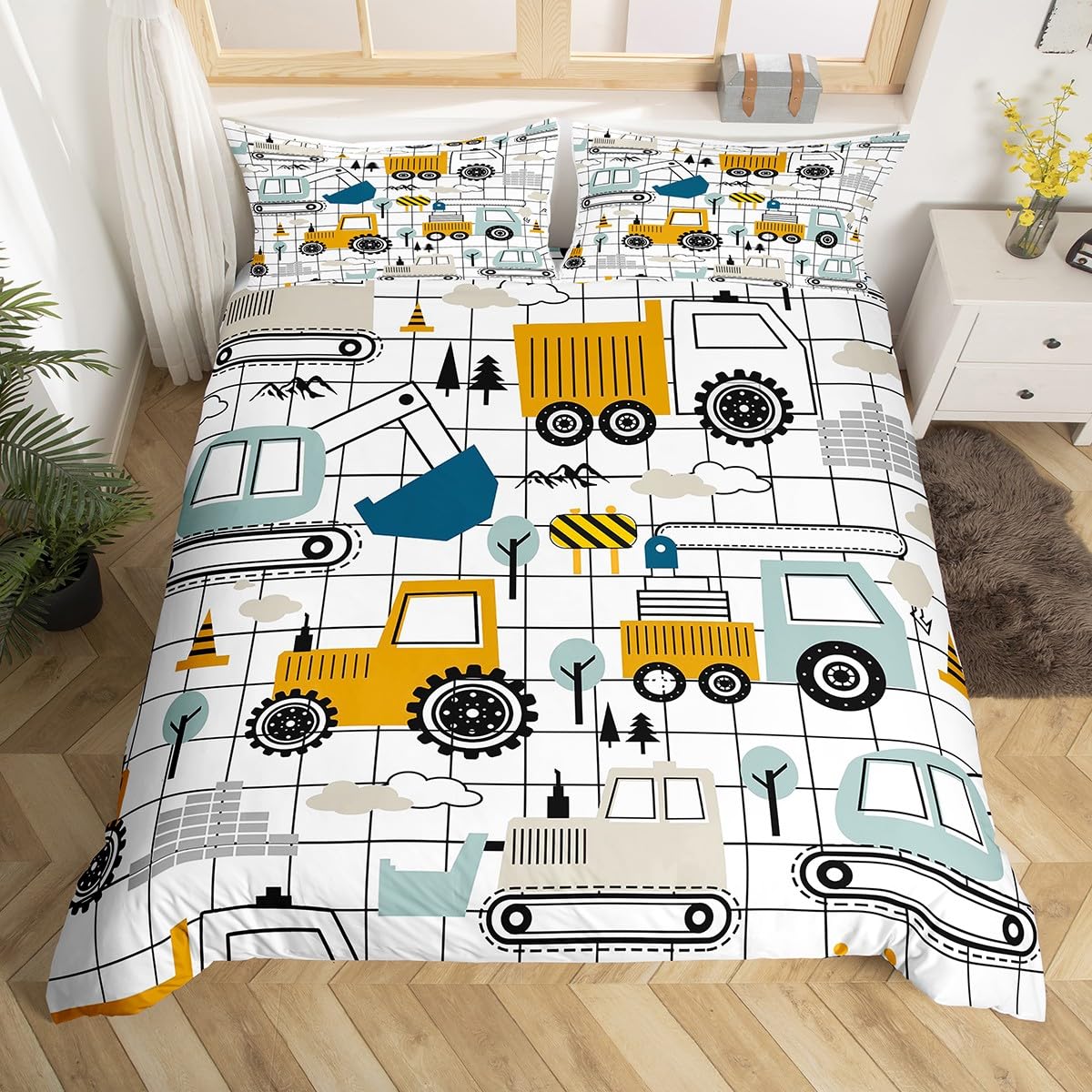 Construction Excavator Comforter Cover Set Kids Full