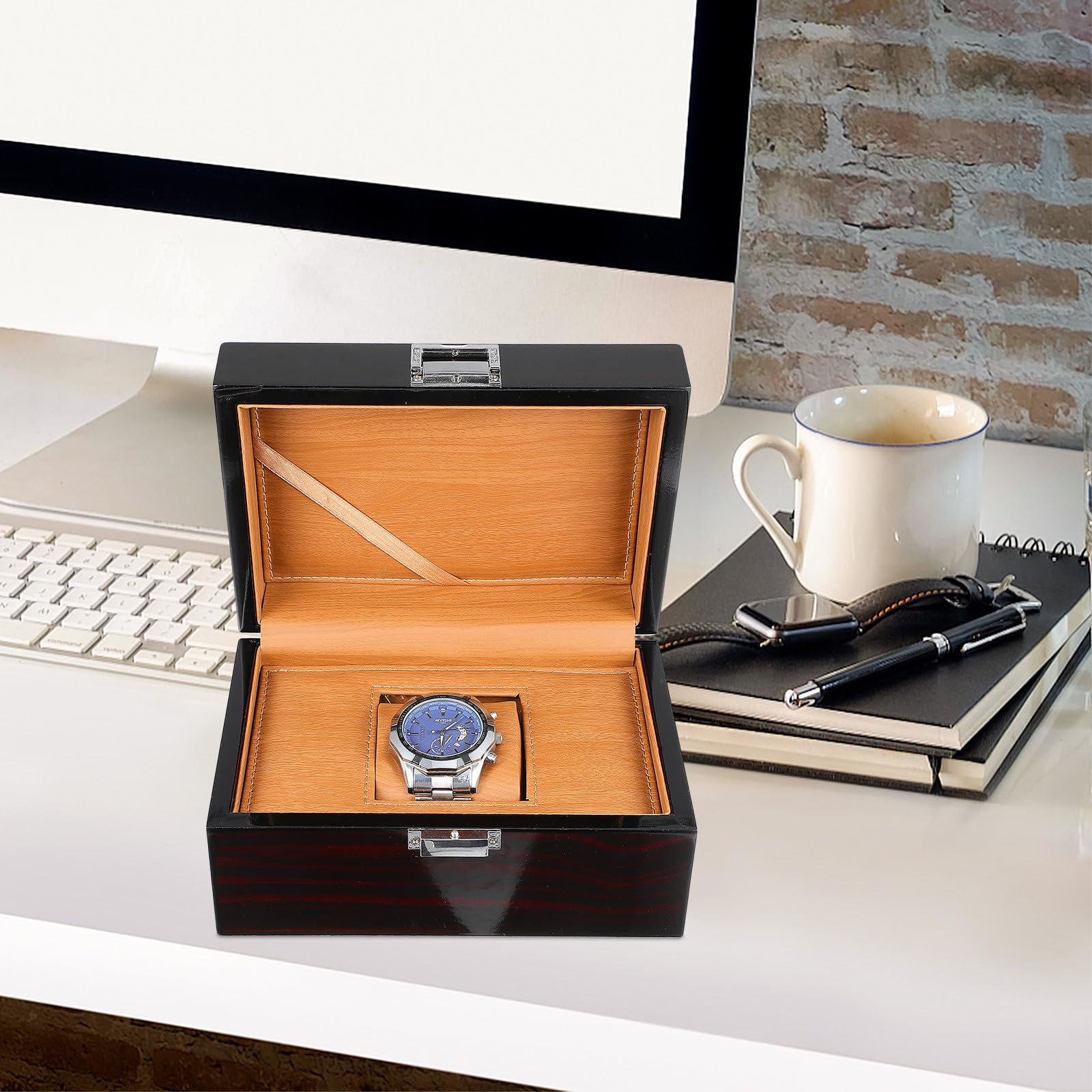 SOLUSTRE Elegante Uhrenbox Wasserfestem Leder mit Feiner Struktur aus Lackiertem Holz und Schmuckaufbewahrungsbox für Stilvolle Uhrenpräsentation Zuhause
