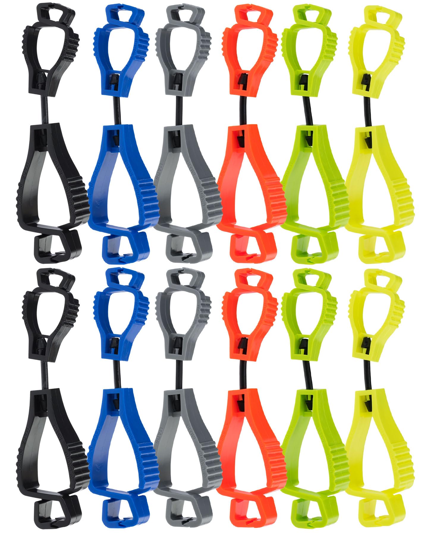 Glove Guard glove clips, 12 pack, with safety breakaway, mixed colors, secures hats, gloves, and hiking gear, Made in the USA