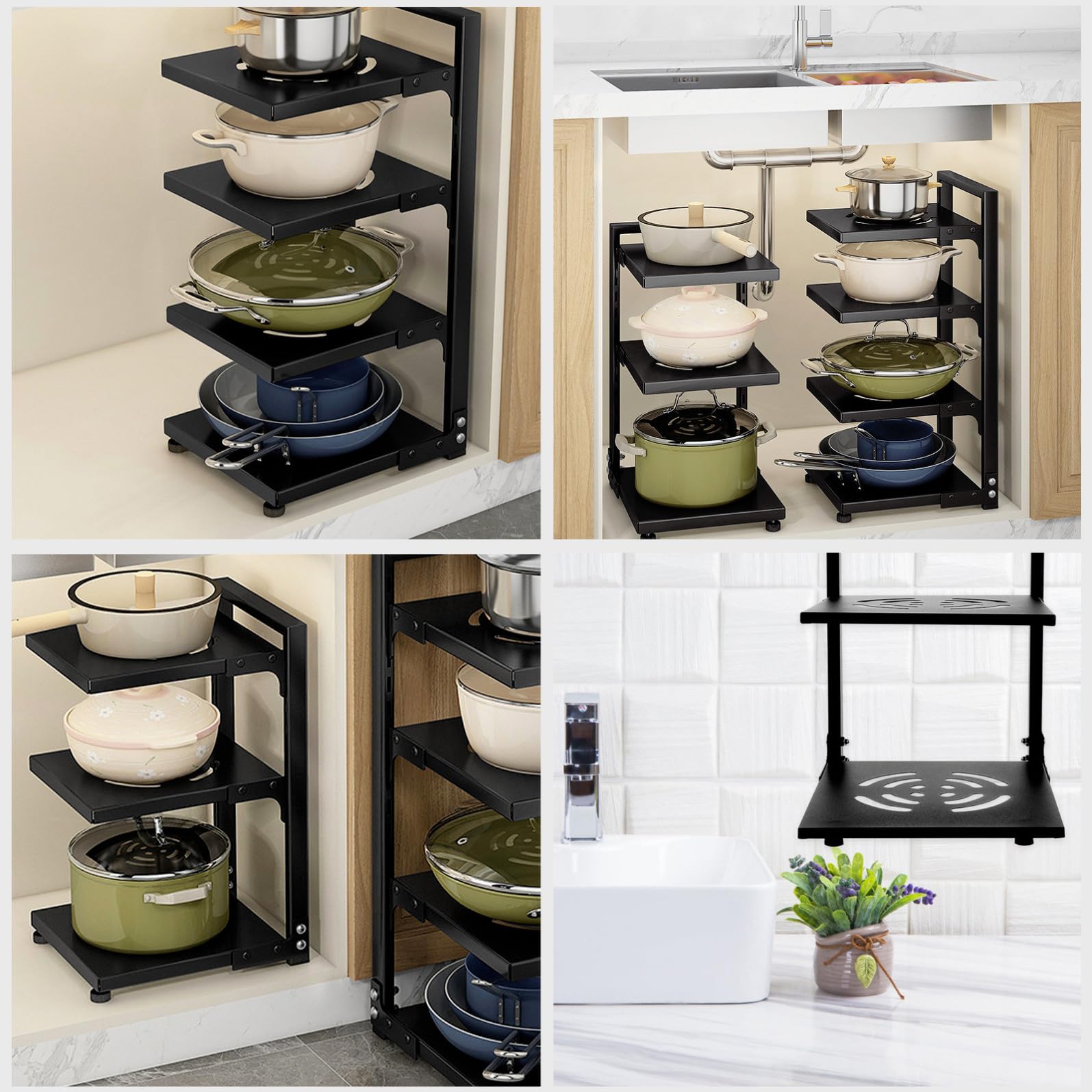 Organizer per Pentole Sotto Lavello Cucina a 3 Livelli in Acciaio al Carbonio Portata Resistente e Spazio Regolabile, per Bagno e Armadio