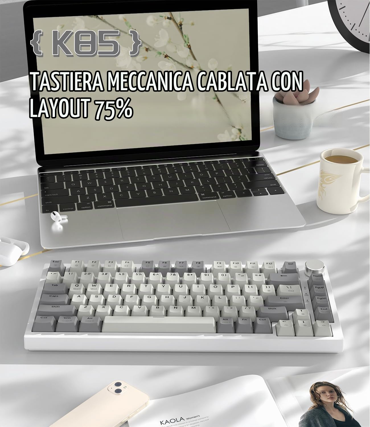 LexonElec x ATTACK SHARK K85 Tastiera Meccanica Rapid Trigger, Switch Magnetico da Gioco, Cloud Driver, Backlit RGB LIGHTSYNC, 75% Tastiera QWERTY TKL Gasket Cablata con Manopola per Win/Mac-Grigio