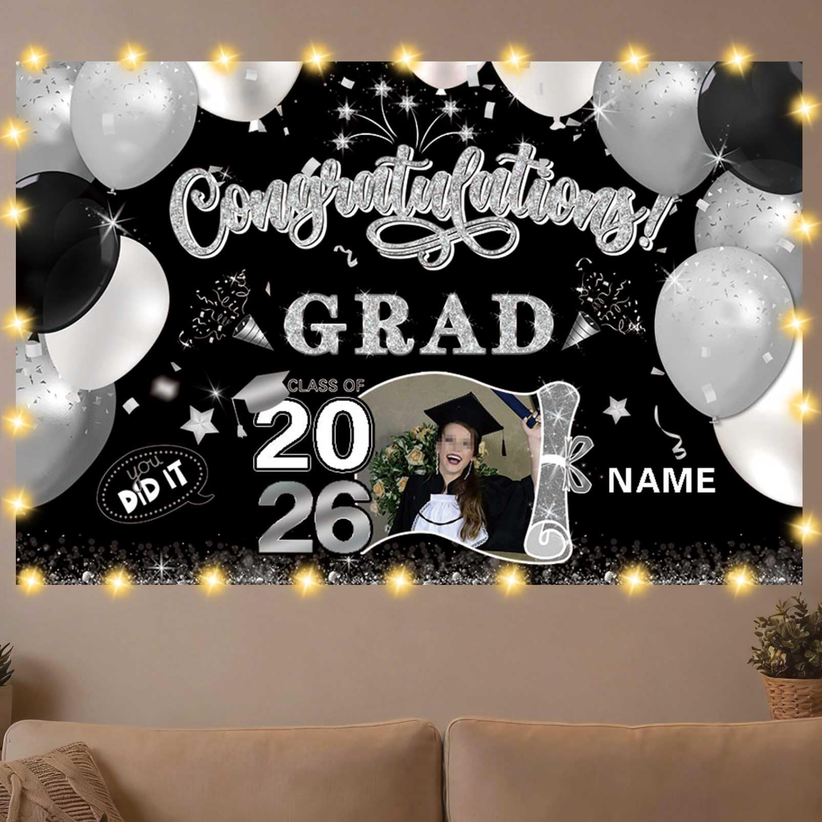 Dicodes Personalized Graduation Banner with Photo 2026 Congrats Grad Photo Booth Backdrop Custom Party Supplies Decorations(A-Black and Silver)