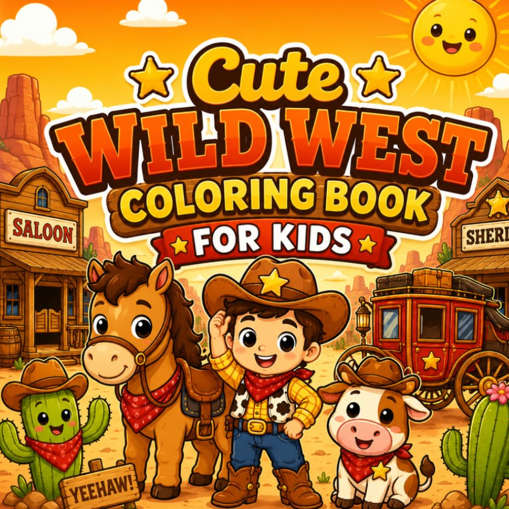 Cute Wild West Coloring Book For Kids: A Fun and Cute Wild West Coloring Book for Kids with Cowboys, Cowgirls, Horses, Cactus and Western Scenes | 40+ Illustrations | Single-Sided Pages | 8.5 x 8.5 in