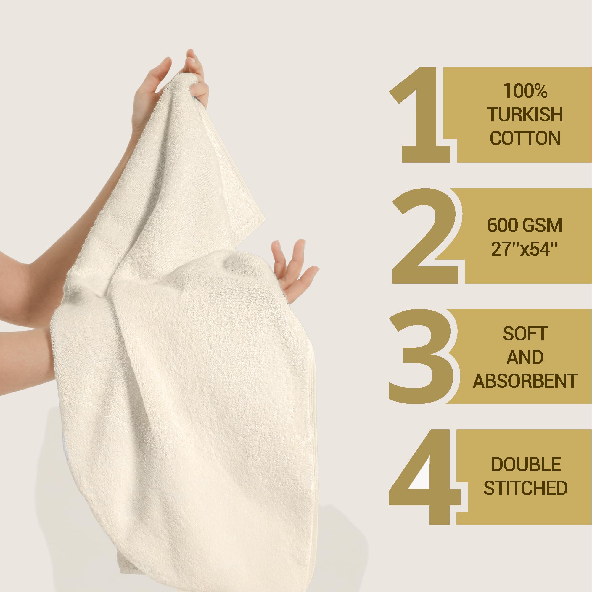 GT Globaltex Fine Linens Luxurious Turkish Cotton Bath Towel Set of 4- Ultimate Softness and Absorbency for a Spa-Like Experience, 600 GSM (Beige, 4 Pcs Bath Towel Set)