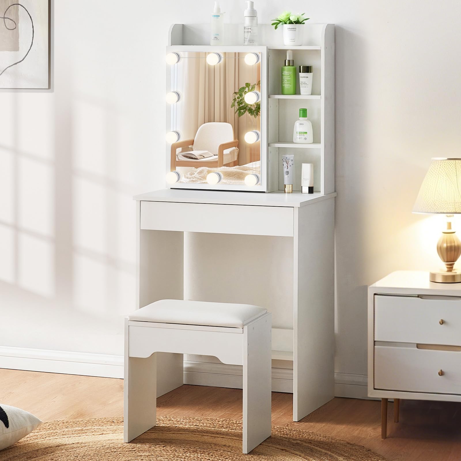 LEMROE Coiffeuse Hollywood LED avec Tabouret, Blanche | Table de maquillage avec 7 étagères et 1 grand tiroir. Rangement spacieux, idéale pour chambre à coucher. Femme Cadeau