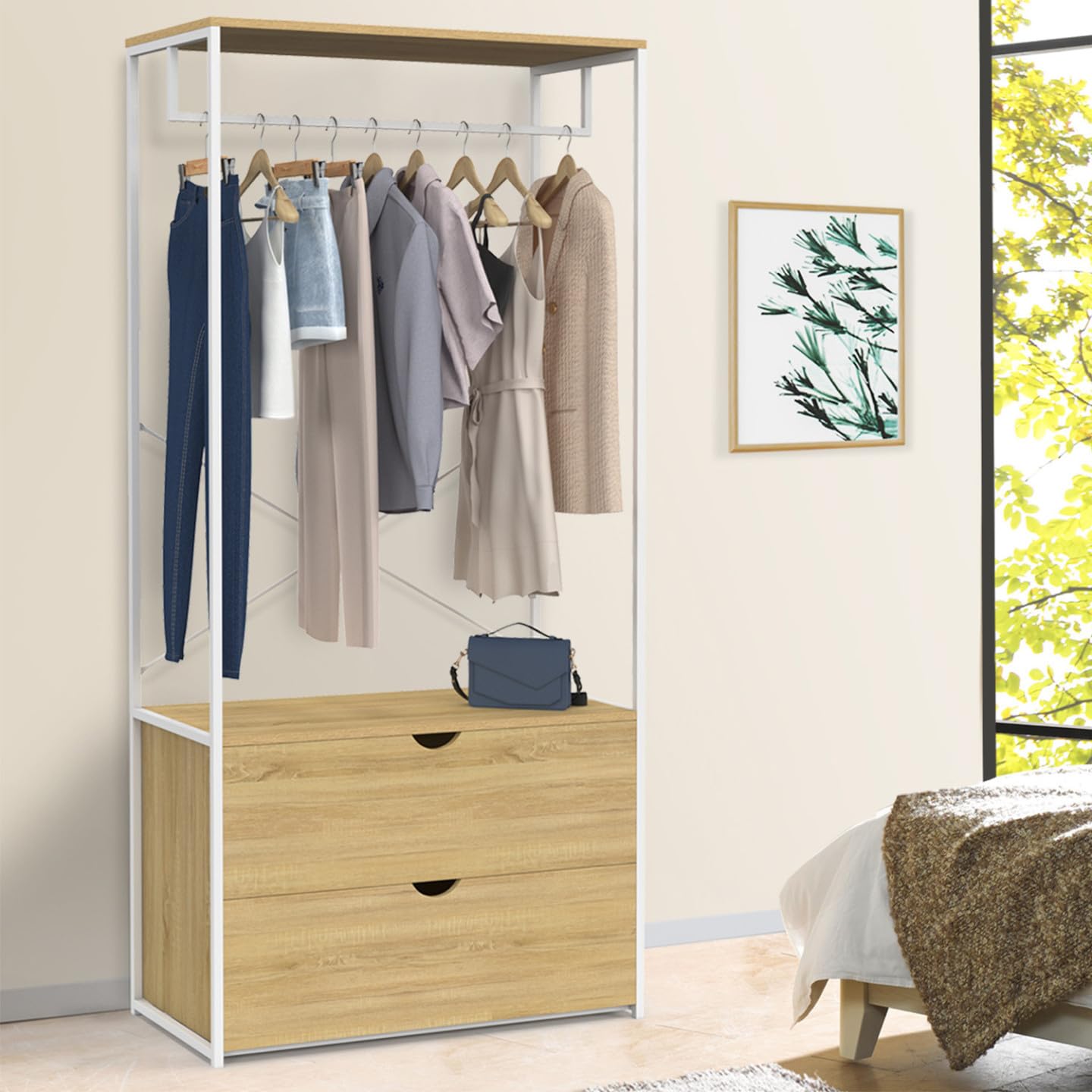 IDMarket - Armario para ropa con 2 cajones L. 80 cm DETROIT diseño industrial en madera y metal blanco
