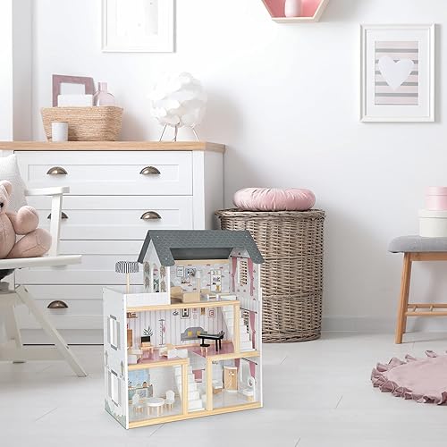 Miniatura 16 de Lil' Jumbl Casa de muñecas de madera para niños, accesorios y muebles de 17 piezas, con balcón y escaleras, juguete de casa de muñecas de 3 pisos