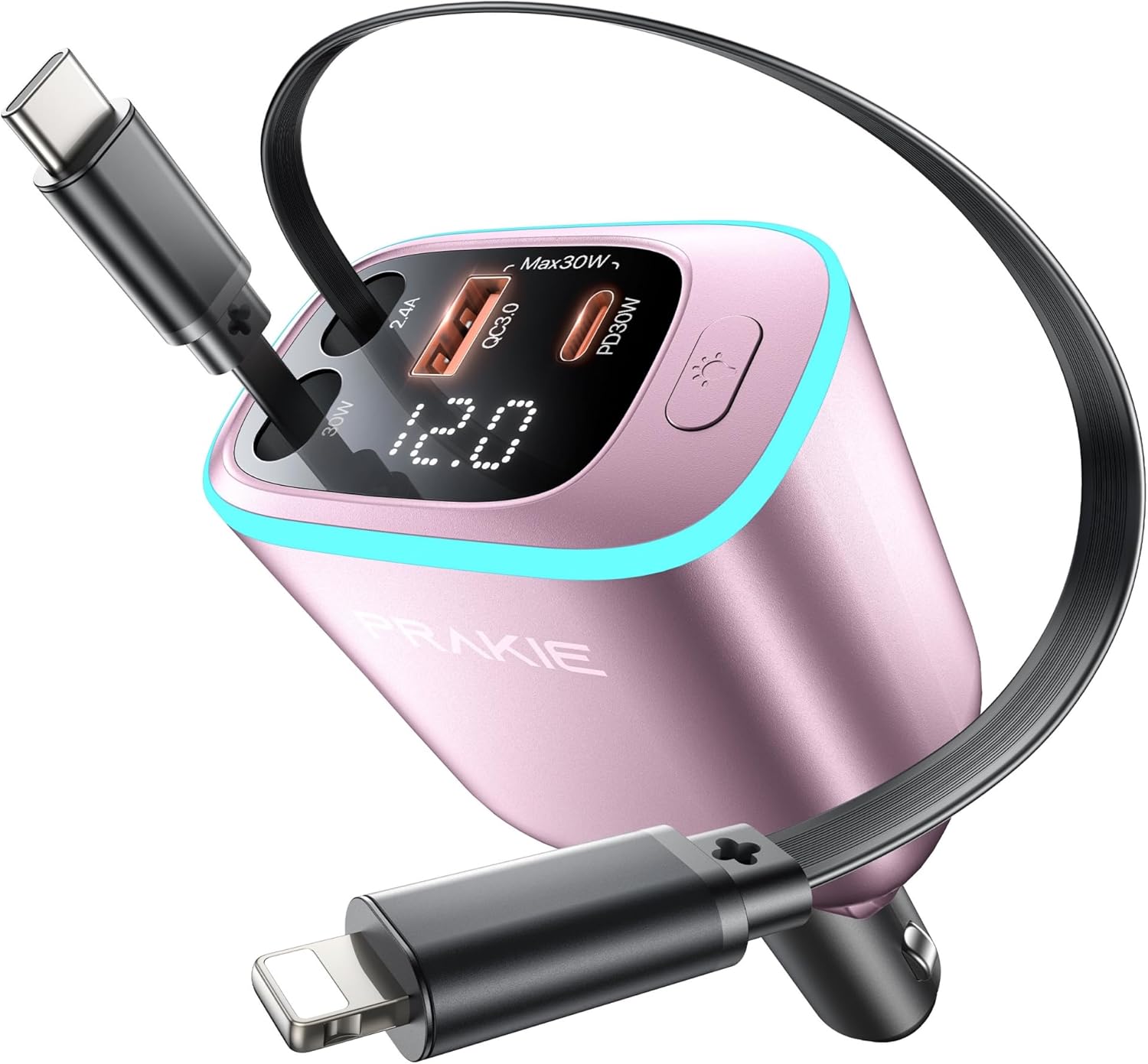 Car Charger, USB C Cable Fast Charging USB C iPhone Charger, Cigarette Lighter Adapter with Retractable 2 USBC Cables 25 Inch and 2 USB Ports, Multi Port Car Charging for iPhone 17/16/15/Pro Max-Pink