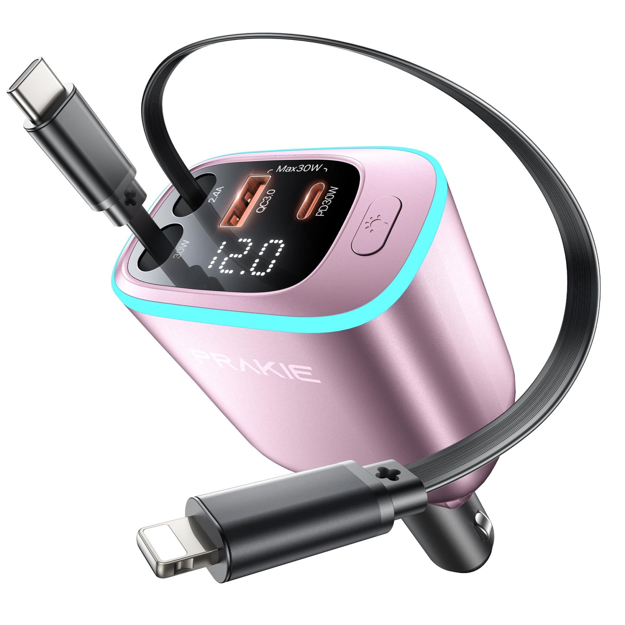 Caricabatteria da auto per iPhone con 2 cavi USB C retrattili - Rosa