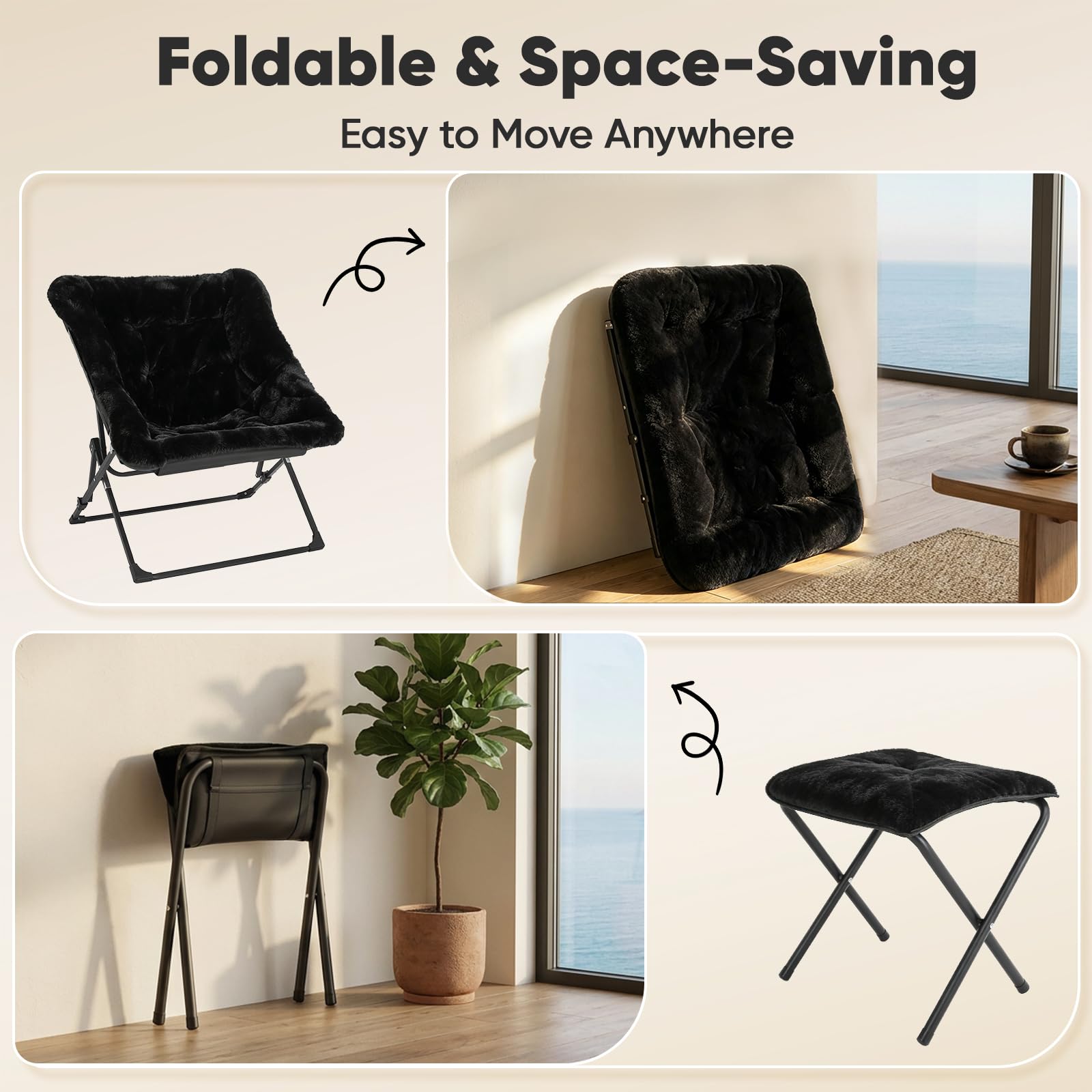 Sillón Plegable de Piel Sintética con Reposapiés, Bastidor Metálico Triangular Resistente hasta 150kg, Sillón Grande Relax Adultos Lectura Gaming (Negro)