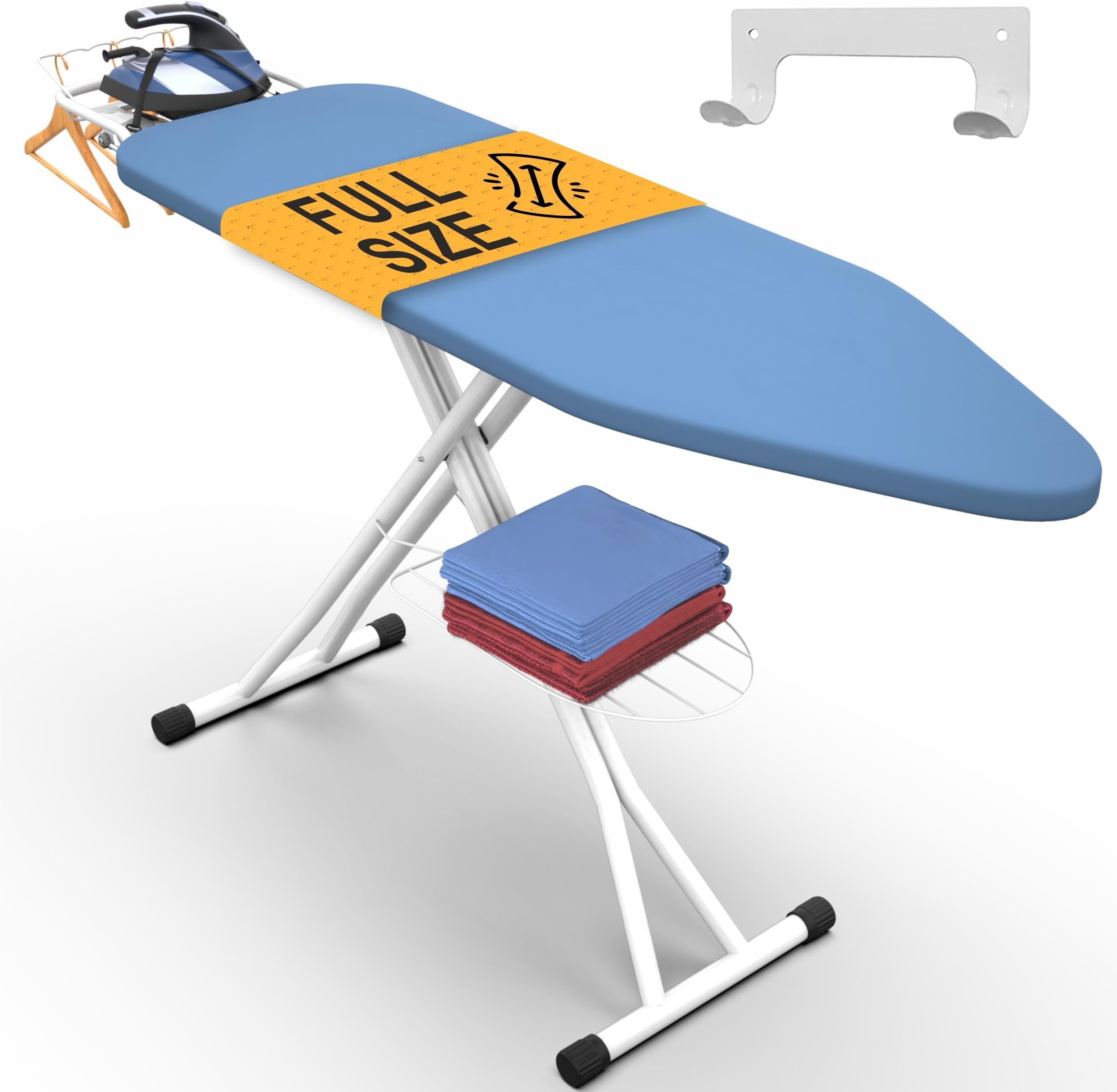 Xabitat Deluxe Ironing Board with Wall Mount - 144 cm x 38 cm, Storage Tray for Finished Clothes, Wire Rack for Hanging Shirts and Pants, Safety Iron Rest, Home Laundry Room or Dorm Use - Blue