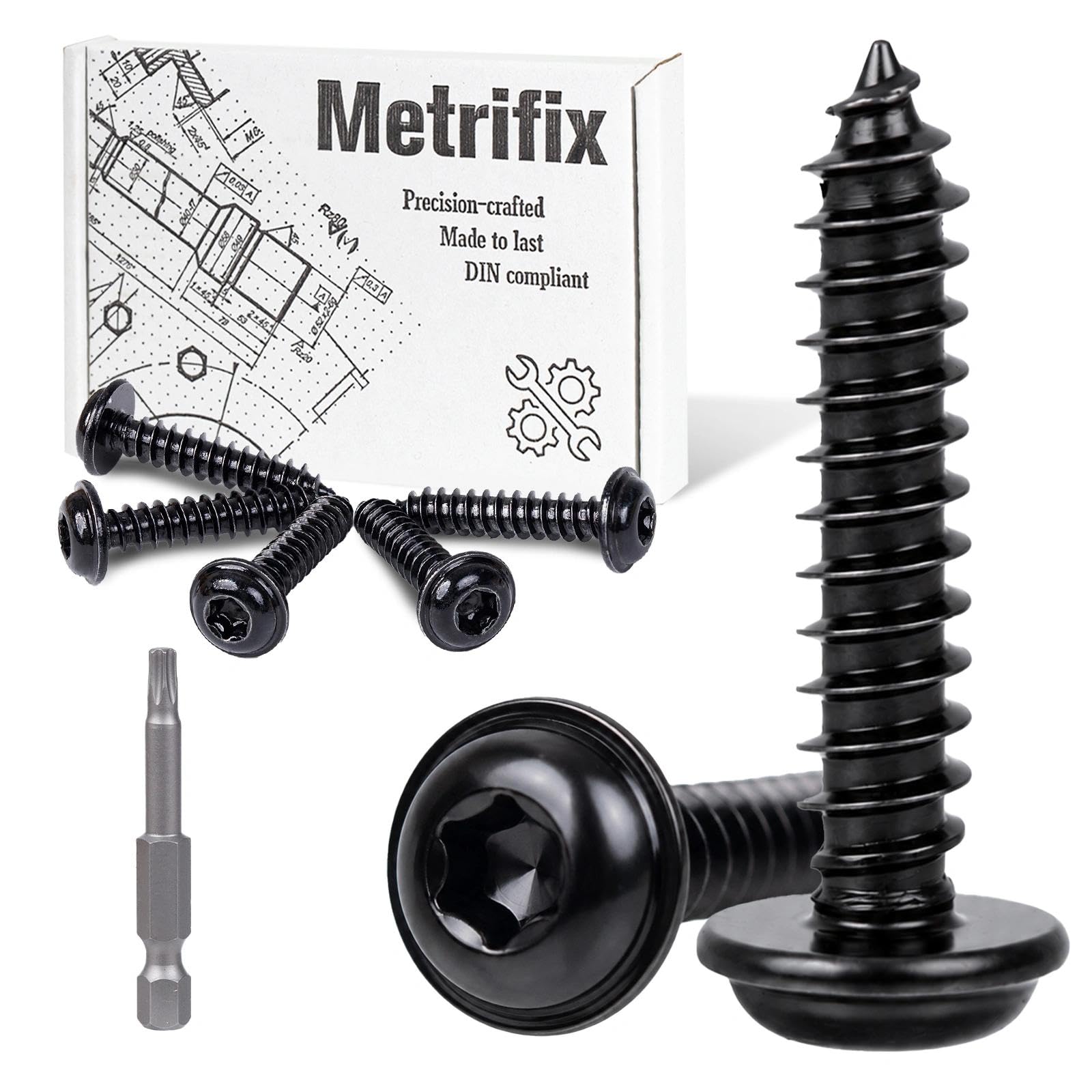 Metrifix 40 pcs Self Tapping Screws M5x30mm Black Torx Wood Screws