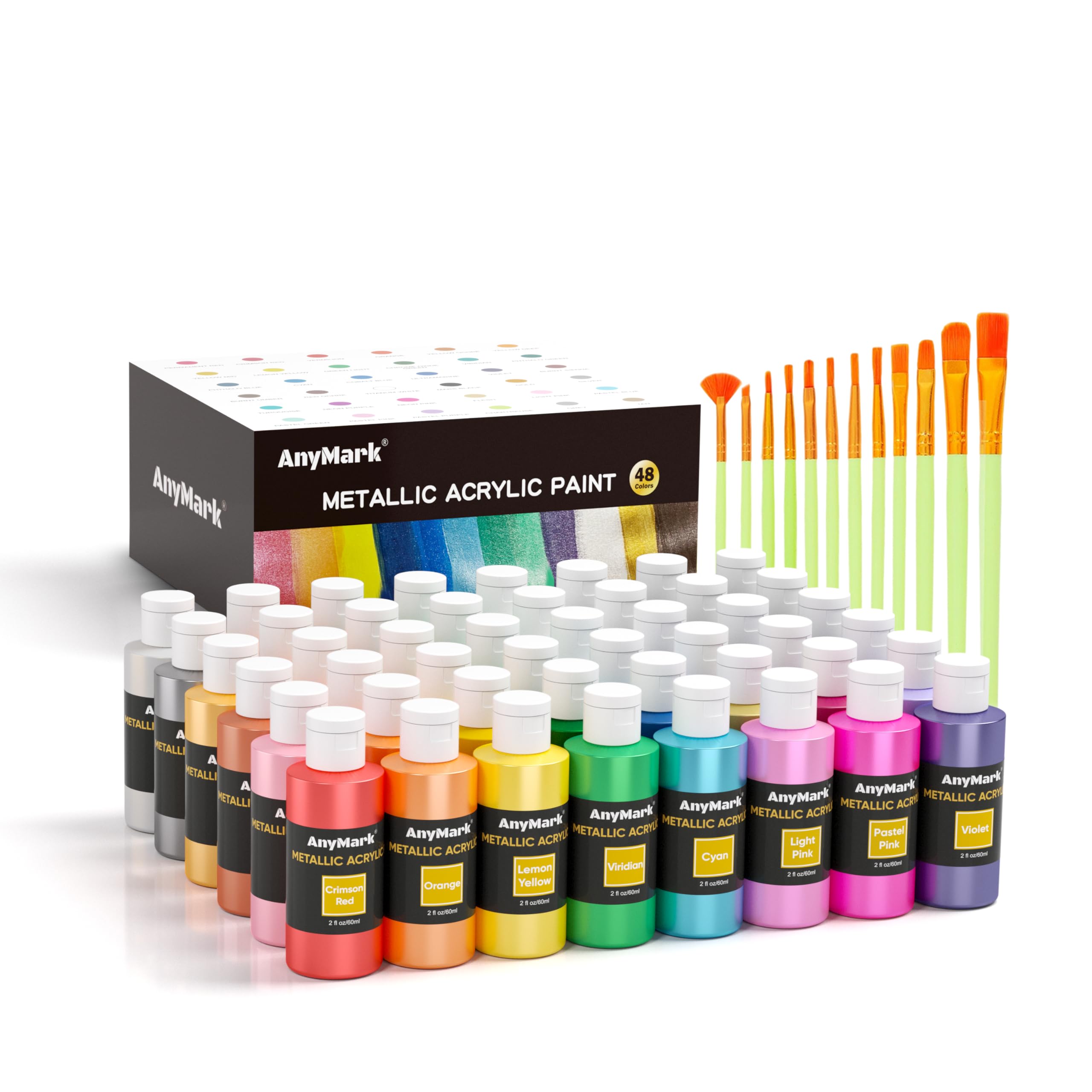 AnyMark Metallic Acrylfarbe, 48 Farben Acrylfarben-Set | Ungiftige Malutensilien für Leinwand, Stein, Holz, Keramik, 2 fl oz/60 ml Flaschen, 12 Pinsel