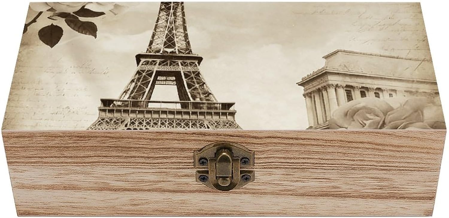 Vintage Wooden Storage Box with Hinged Lid, Paris Eiffel Tower