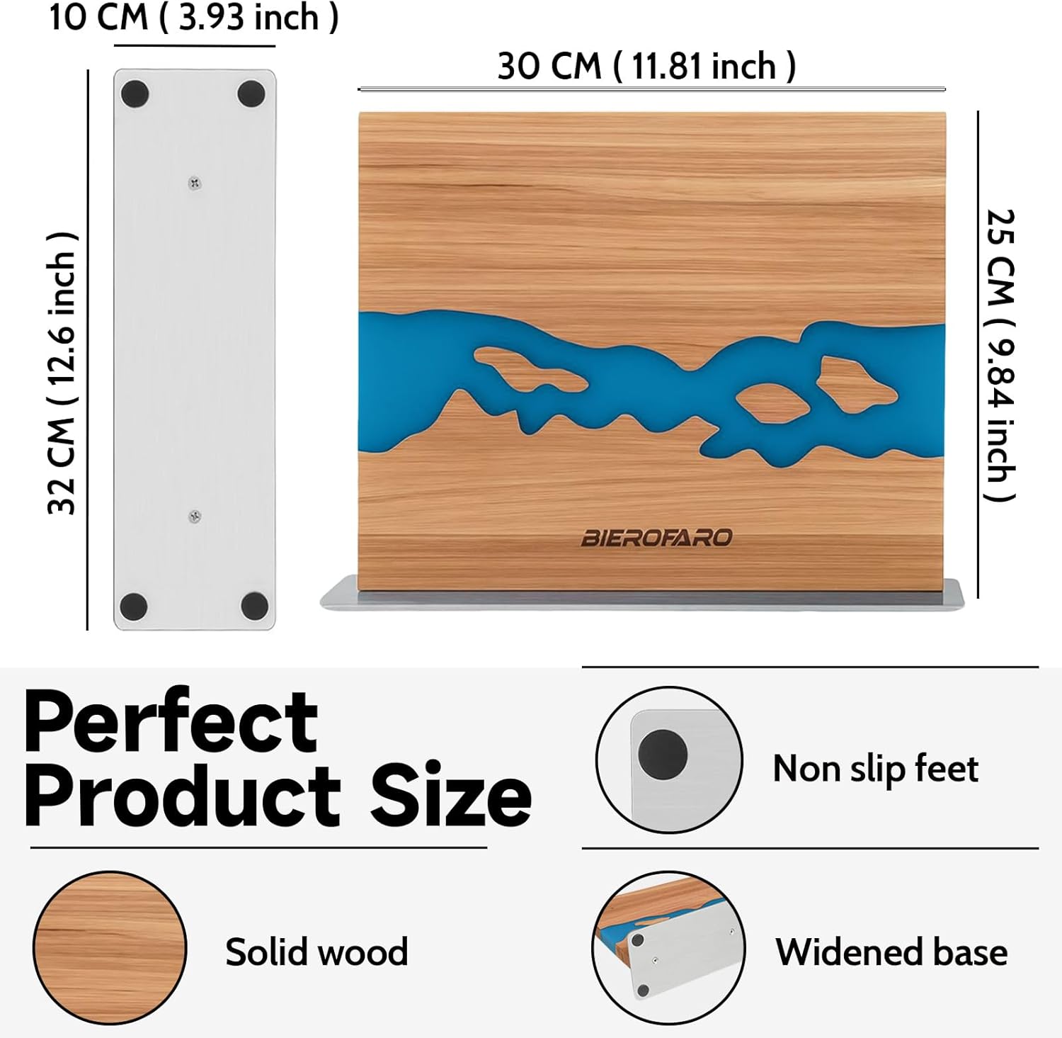 Magnetic Knife Block with Steel Base, Double‑Sided Knife Holder Made of Acacia Wood for Chef Knives, Modern Kitchen Countertop Organizer, Blue Resin River Design