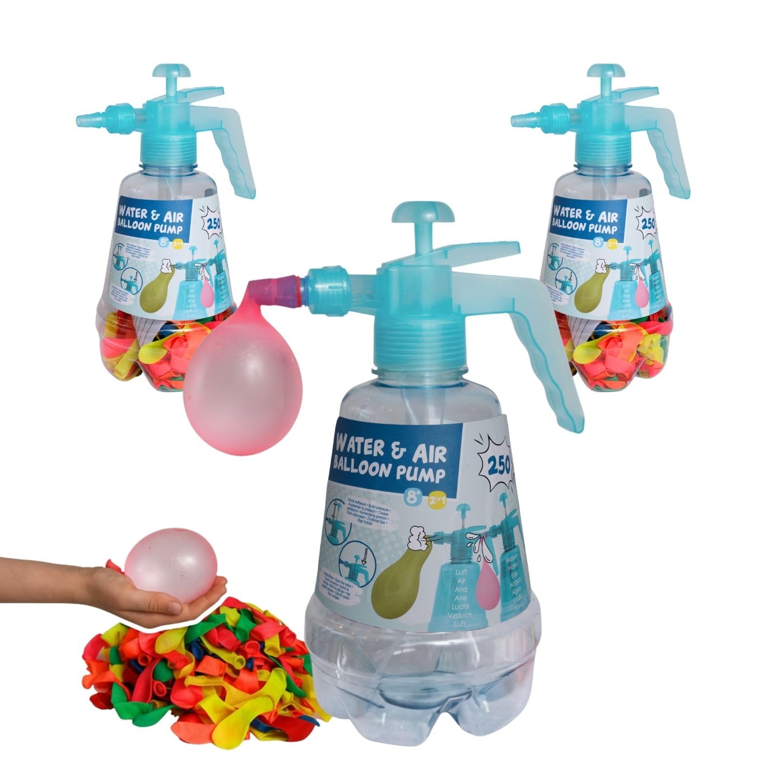 alldoro 68758 Ballonpumpe mit Wasserbomben 3er Set, 3 Wasserbombenpumpen je 1,5 L + 750 bunte Ballons, 2in1 für Wasser & Luft, ab 8 Jahre