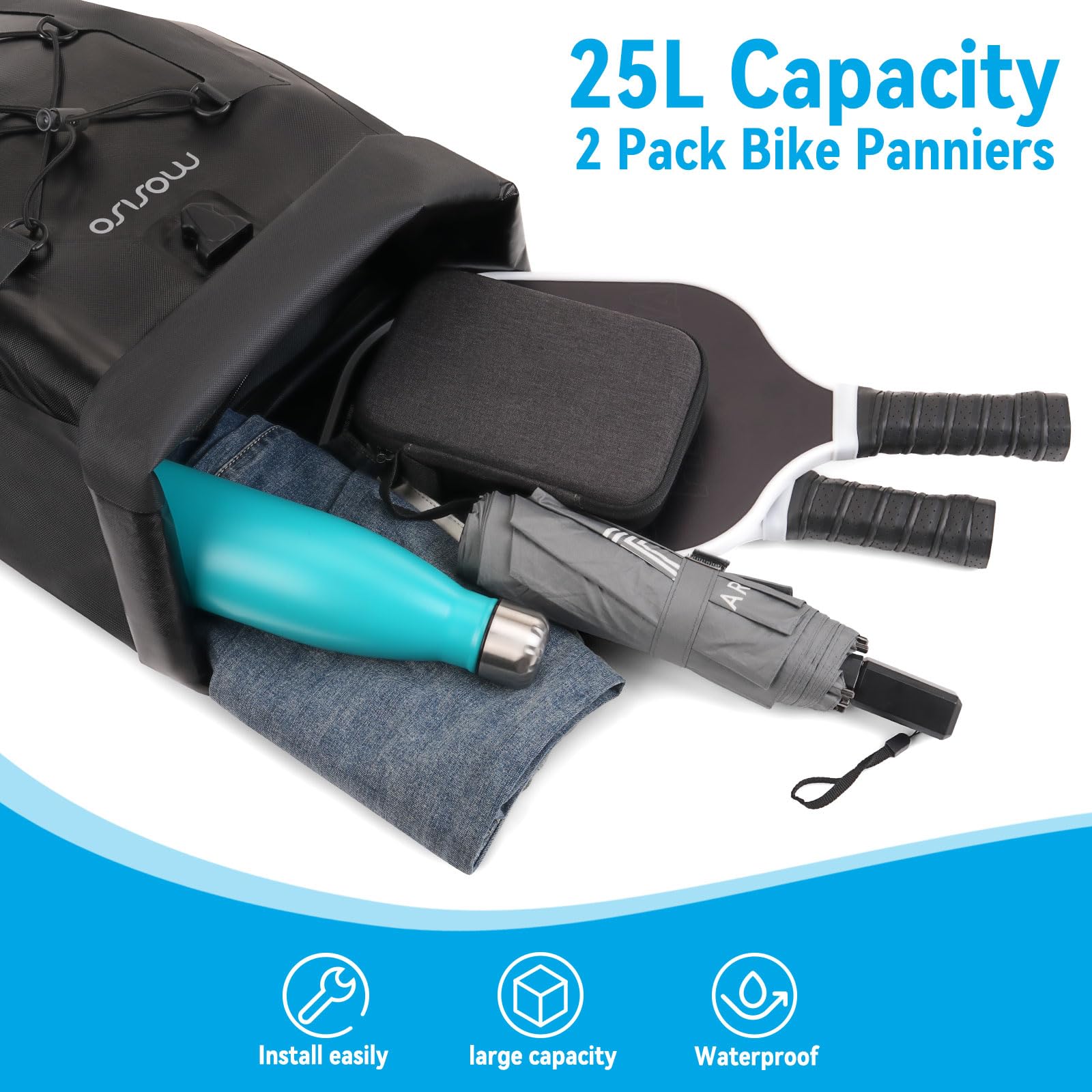 MOSISO Sacoches de Vélo 25 L, 2 Pièces Étanche pour Rack Arrière avec Corde Élastique, Pochette de Rangement pour Bagages de Vélo, Stockage Voyage Randonnée Route Commute, Noir