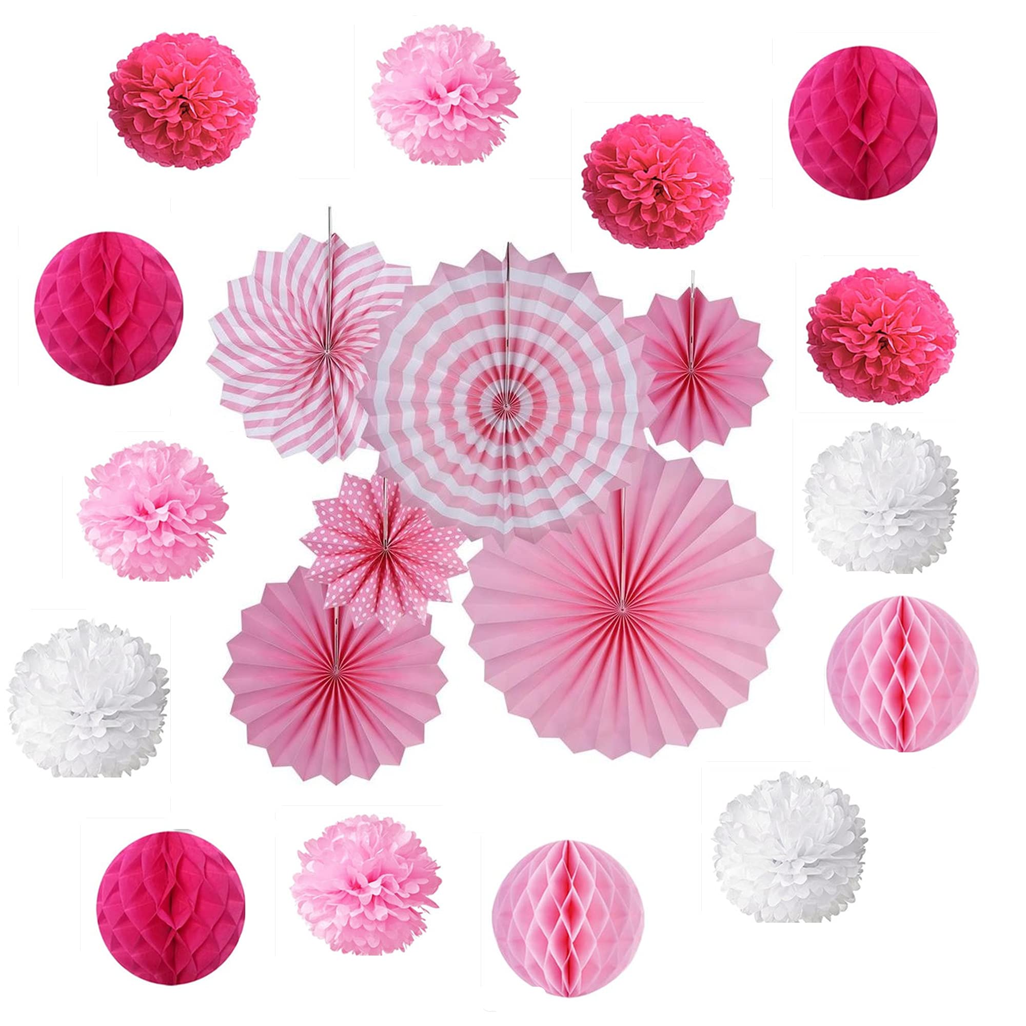 Hanging Paper Fan Flower Set, Thin Paper Pompons,Flower Fan, Honeycomb Ball for Birthday Baby Baptism Wedding Holiday Party Decoration (Pink)