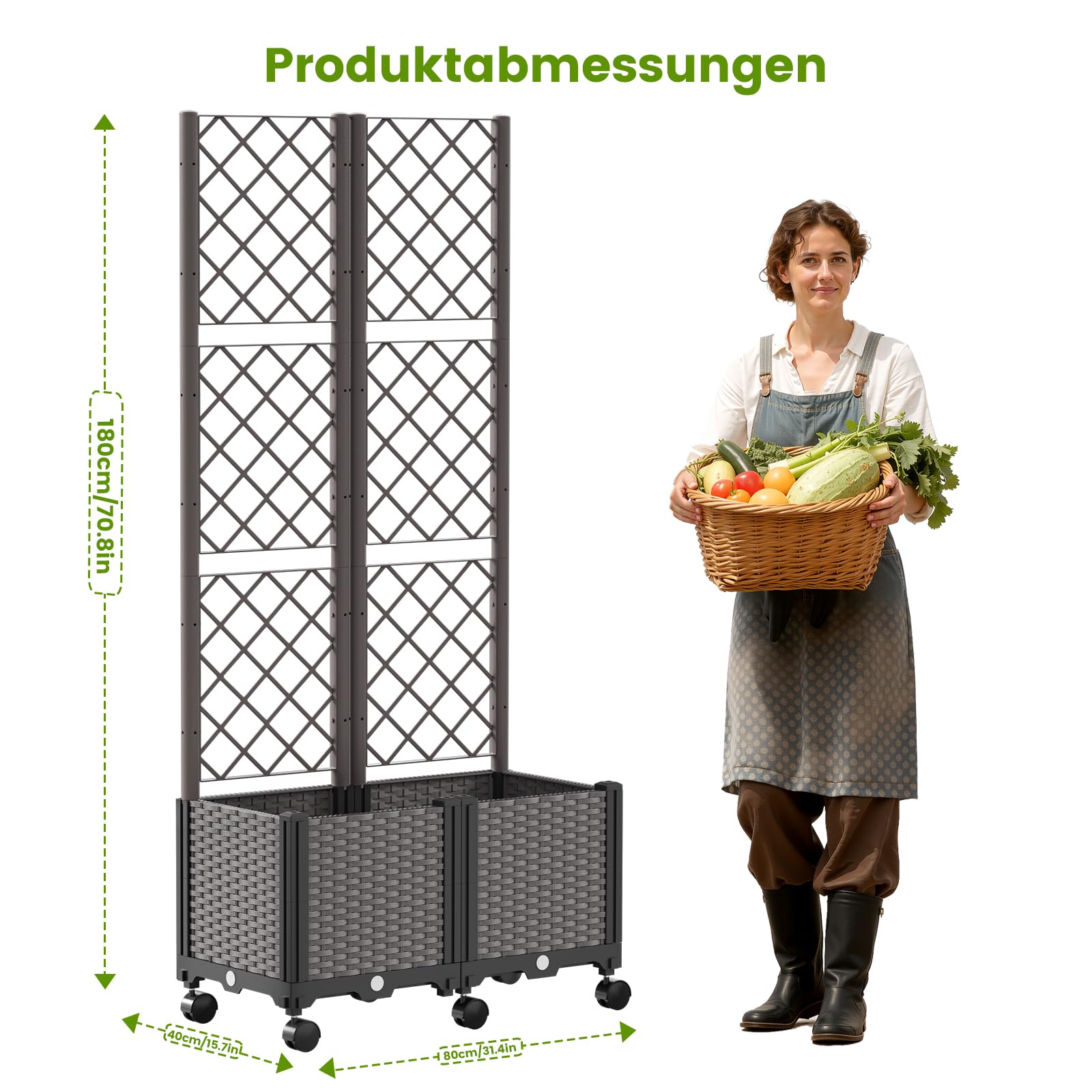 SUNYRISY Dual Hochbeet mit Tomaten Rankhilfe, Blumenkasten mit Rankgitter und Rollenrad, Selbstbewässerung Pflanzkasten Pflanzkübel mit Sichtschutz für Kletterpflanzen Tomate Gurken Rosen