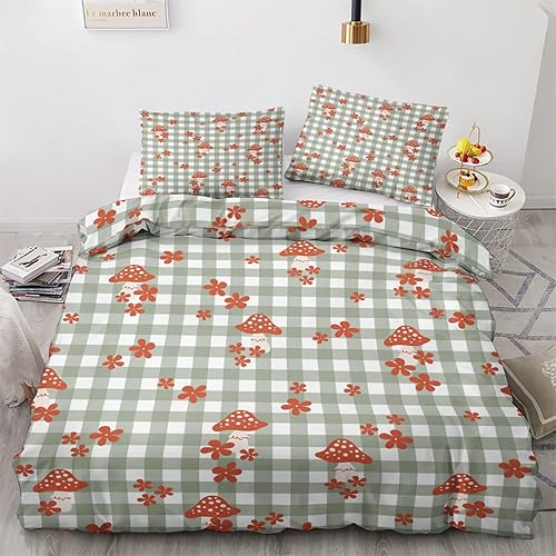 California King Duvet Cover Set Retro 70S - Cotton Like Soft Comforter Duvet Cover Cal King 3 Pieces with Zipper and Ties Mushrooms Flowers Squares