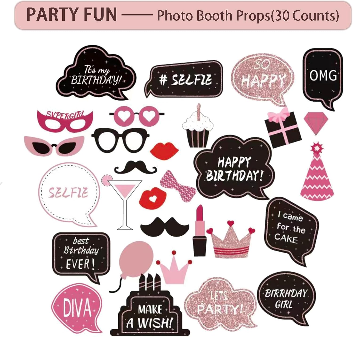UJoyant Birthday Decorations For Women, 229 Pcs Rose Gold and Black Happy Birthday Supplies - Disposable Dinnerware Set with 25 Guest, Balloons, Sash, Tiara, Banner, Fringe Curtain, Photo Booth Props