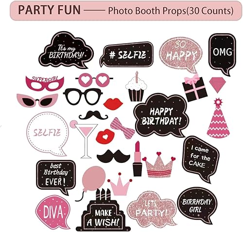 Miniatura 6 de UJoyant Decoraciones de cumpleaños para mujer, 229 piezas de suministros de feliz cumpleaños de oro rosa y negro, juego de vajilla desechable con 25